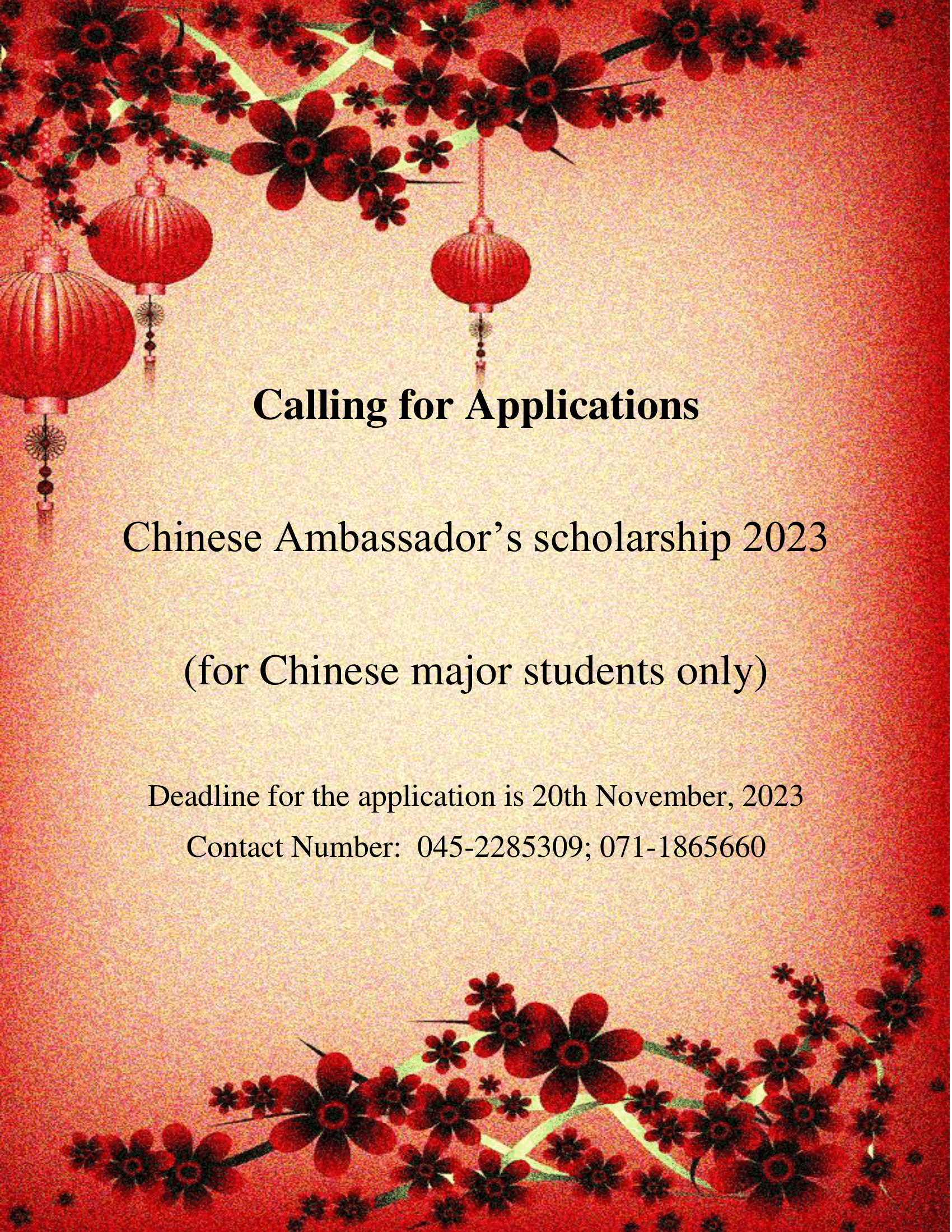 Calling for Applications - Chinese Ambassador’s scholarship 2023 for Chinese major students