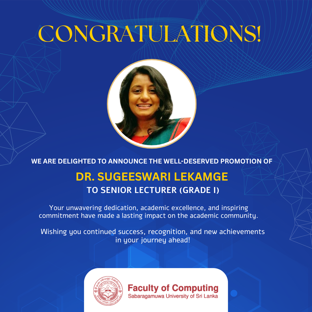 Celebrating Excellence: Dr. Sugeeswari Lekamge Promoted to Senior Lecturer (Grade I)
