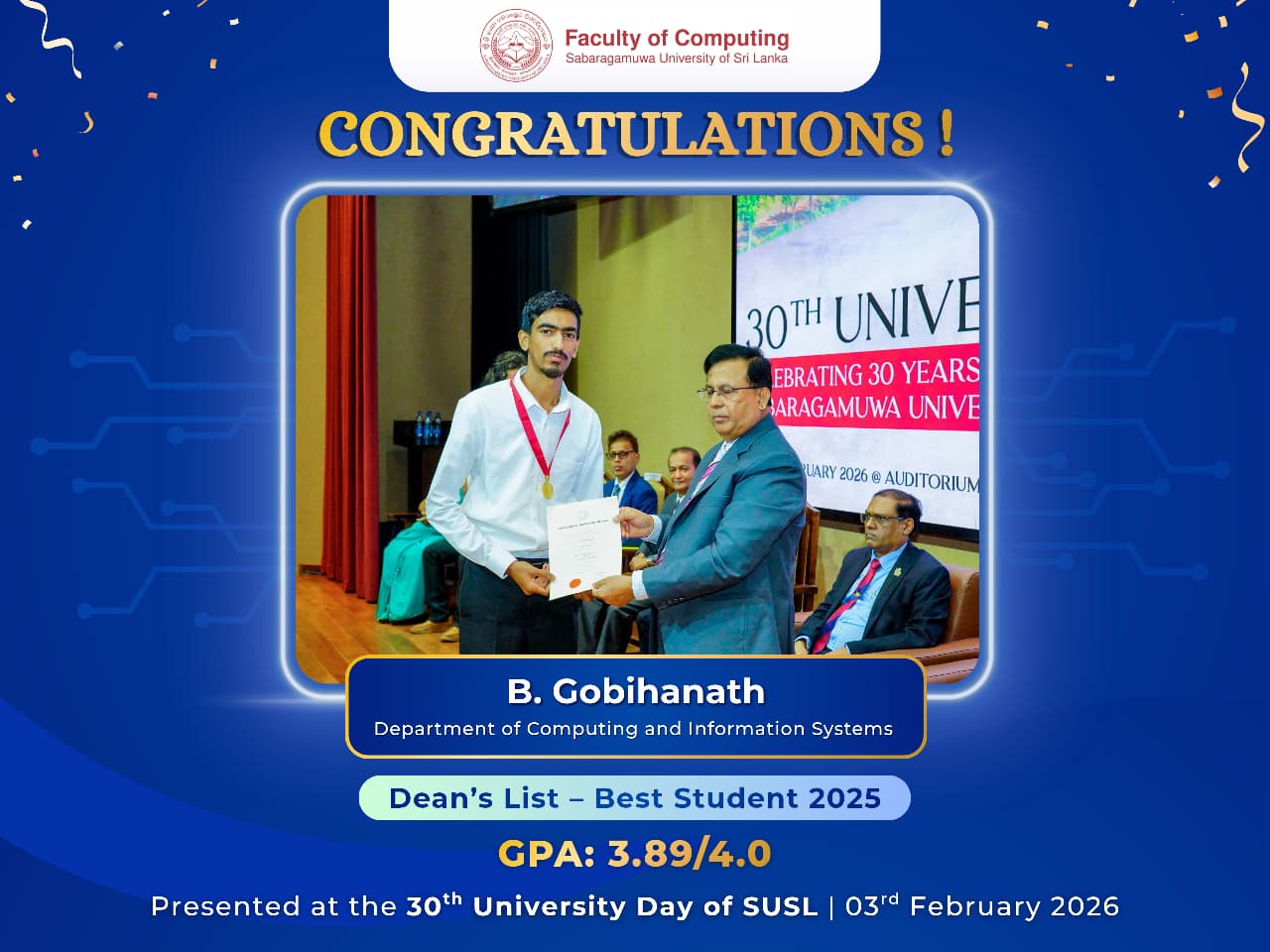 Celebrating a Remarkable Achievement: B. Gobihanath Secures the Dean’s List Medal for Academic Excellence