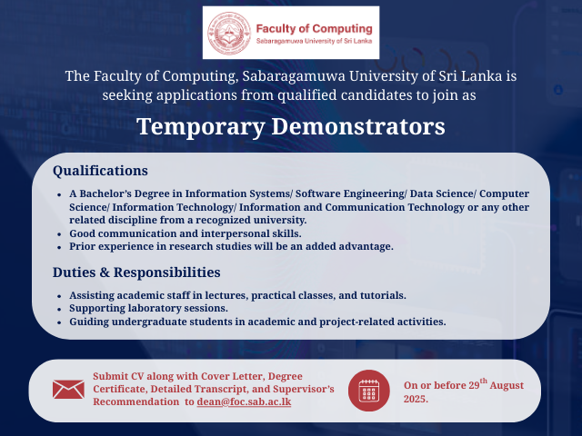 Applications Invited for Temporary Demonstrator Positions Applications Invited for Temporary Demonstrator Positions