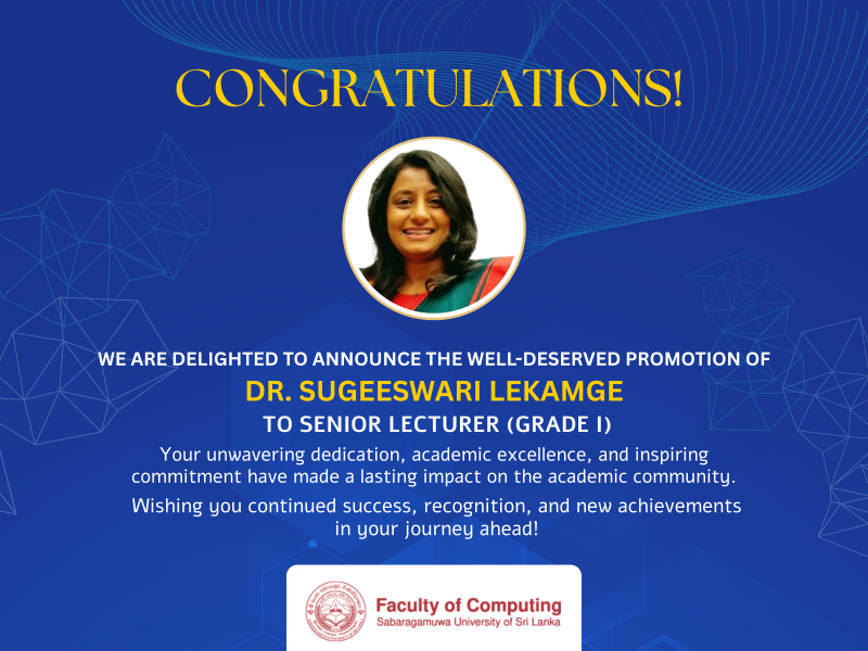 Celebrating Excellence: Dr. Sugeeswari Lekamge Promoted to Senior Lecturer (Grade I)