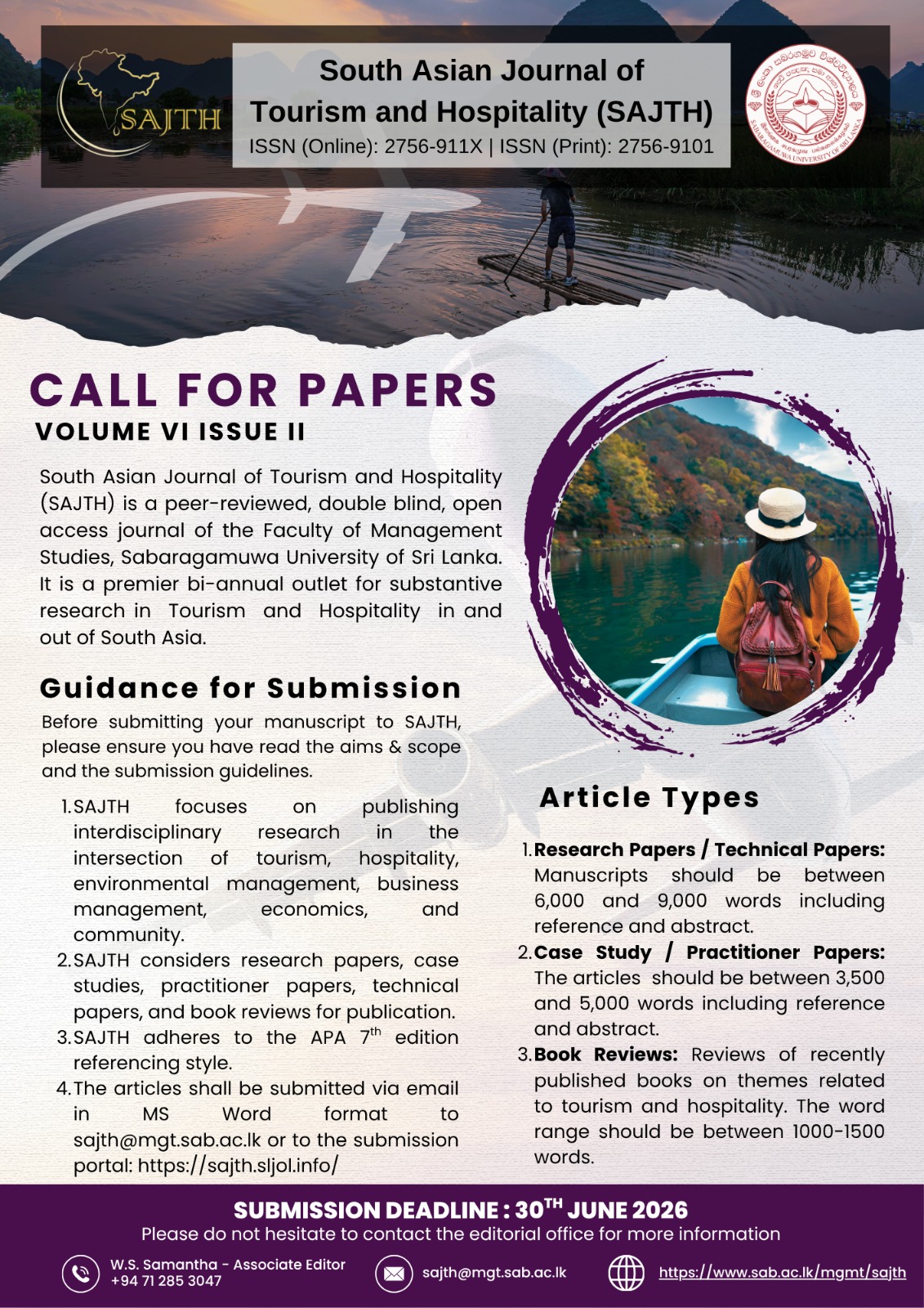 CALL FOR PAPERS – South Asian Journal of Tourism and Hospitality (SAJTH -Volume VI Issue II)
