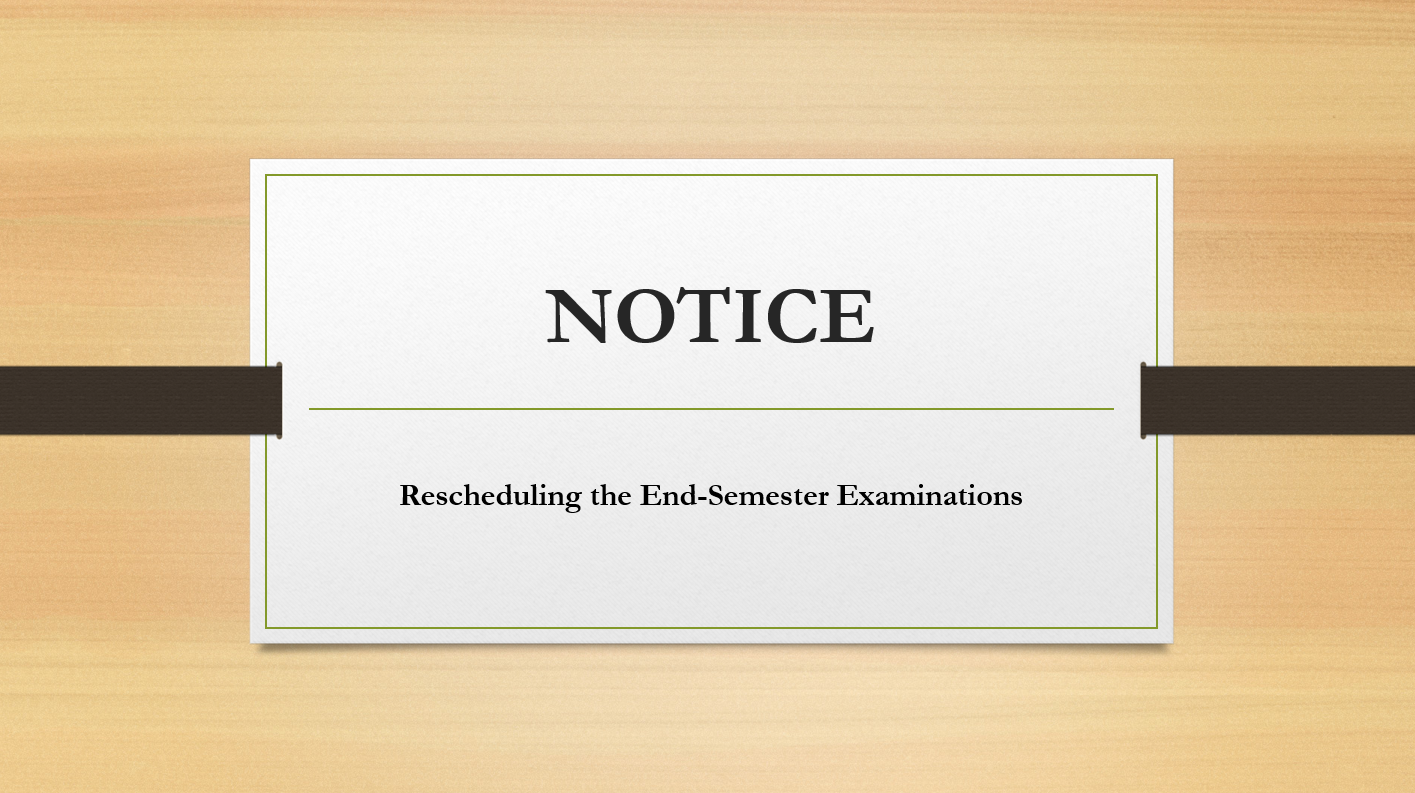 FACULTY OF MANAGEMENT STUDIES SABARAGAMUWA UNIVERSITY OF SRI LANKA  NOTICE Rescheduling the End-Semester Examinations In consideration of the grievances of students affected by the severe weather disaster currently impacting the country, and in line with the decision taken at the meeting held with the Heads of Departments on 02.12.2025, the End-Semester Examinations of the Faculty of Management Studies (excluding the Viva-Voce Examinations of Year IV Semester II), which were rescheduled to commence on 08th 
