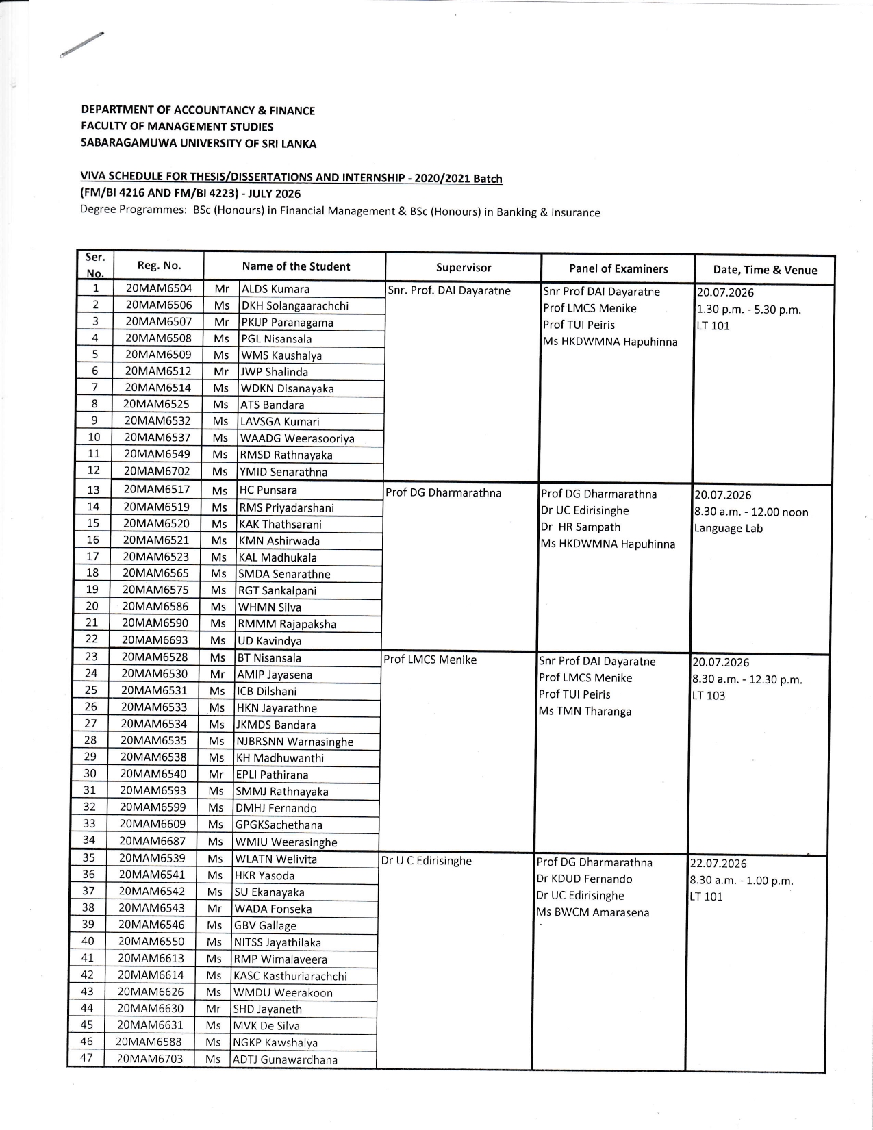 NOTICE TO STUDENTS OF FM & BI (VIVA SCHEDULE FOR 20 MAM BATCH)