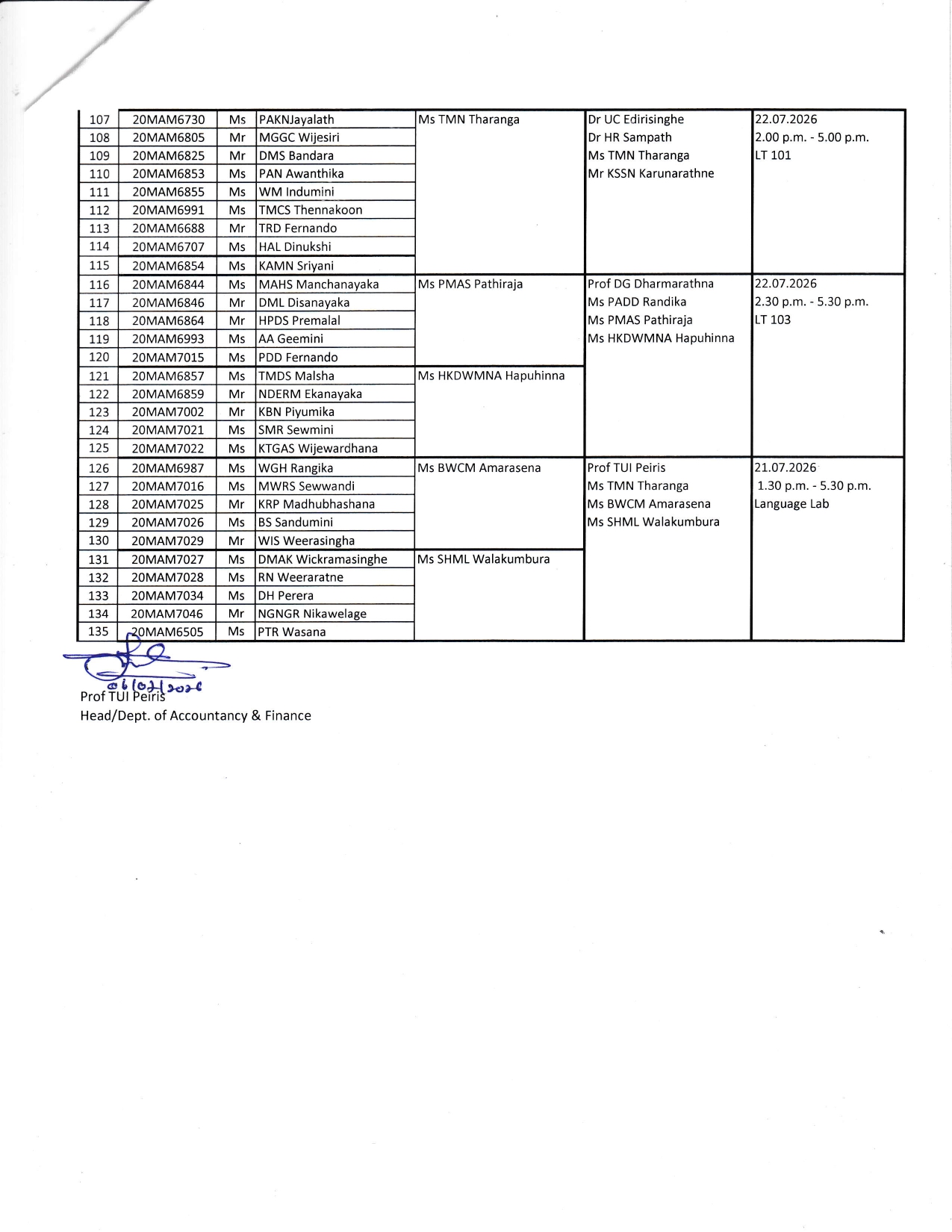 NOTICE TO STUDENTS OF FM & BI (VIVA SCHEDULE FOR 20 MAM BATCH)