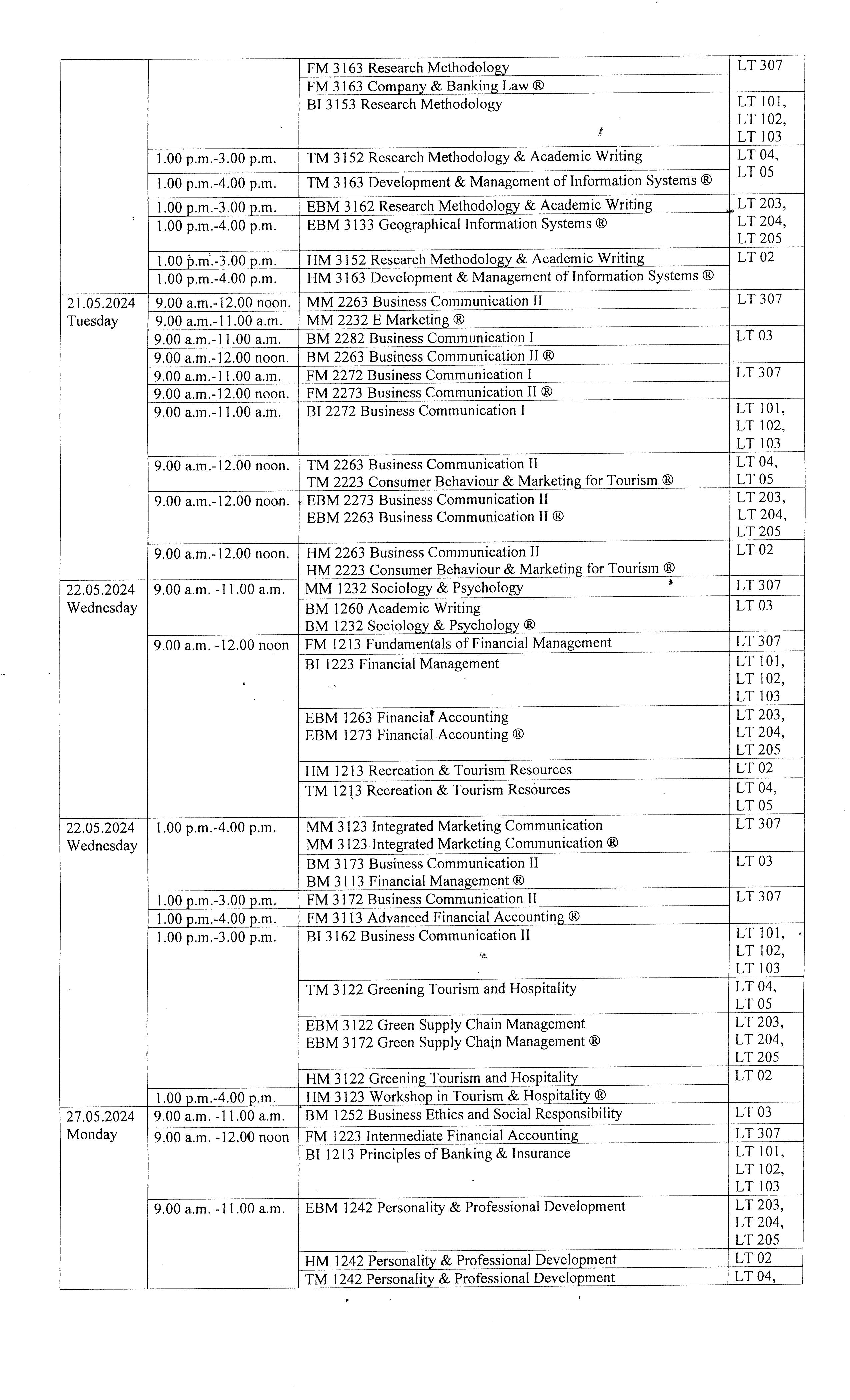 Timetable May/June
