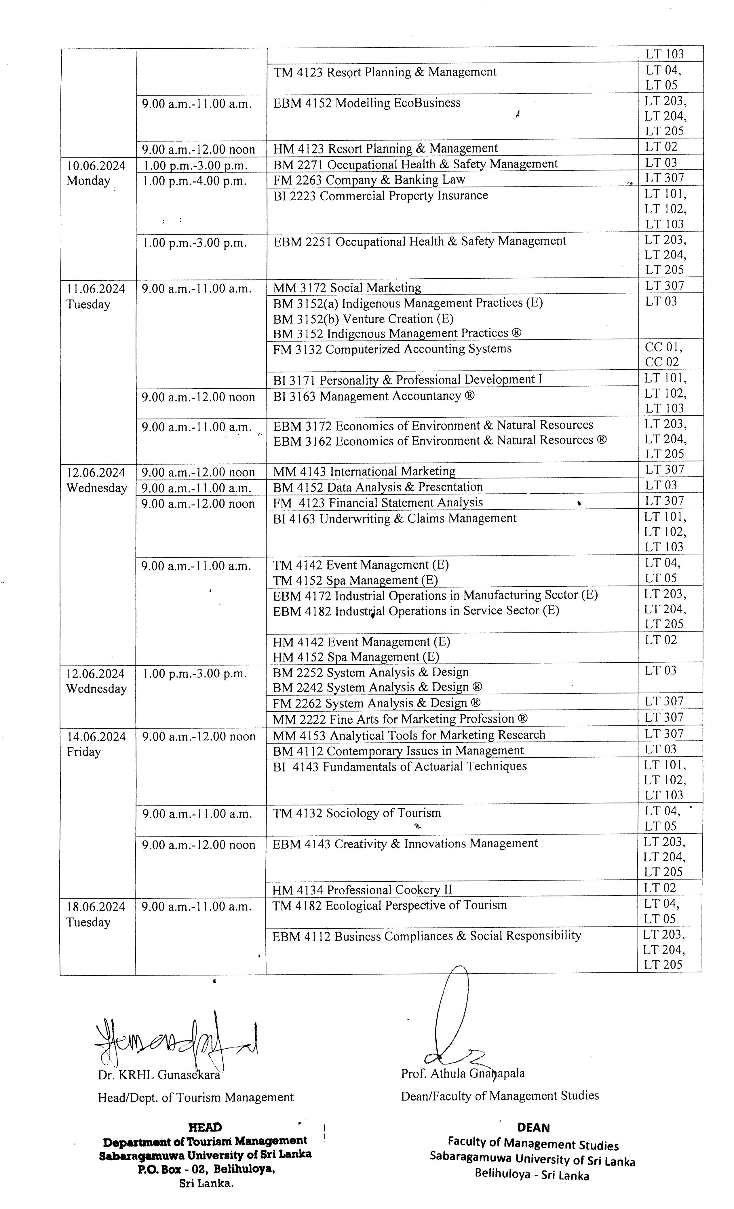 Timetable May/June