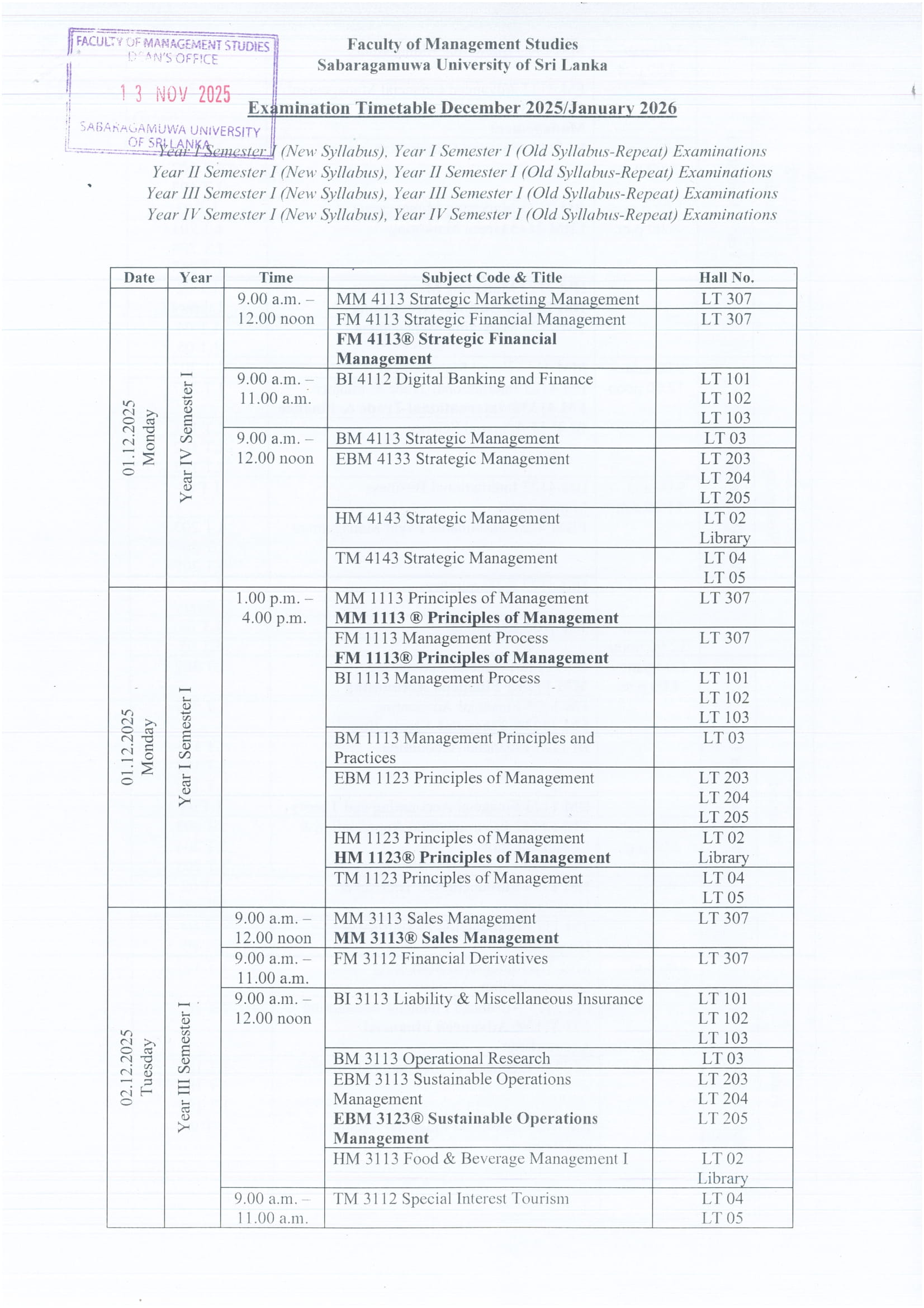 Examination Timetable December 2025/January 2026