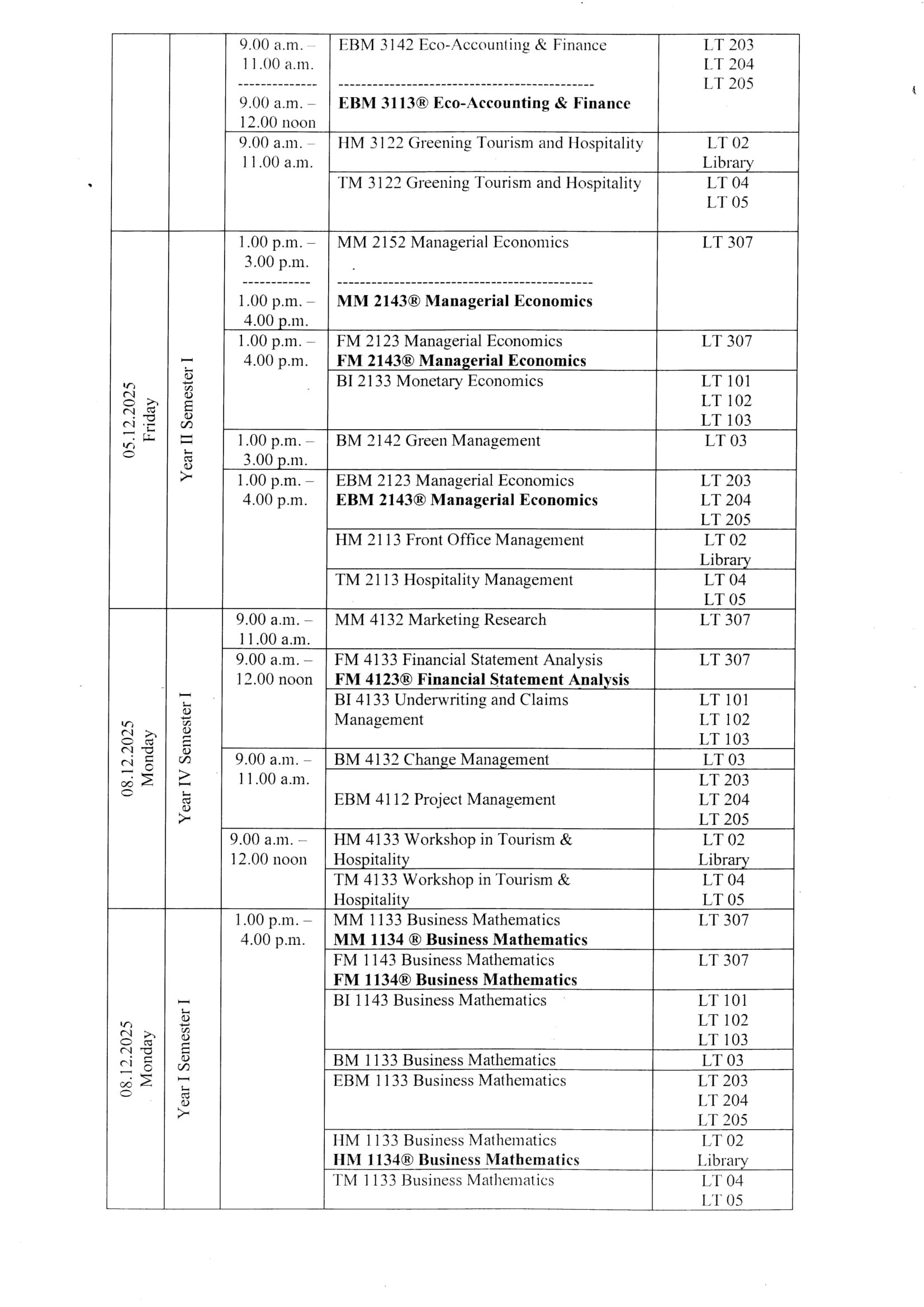 Examination Timetable December 2025/January 2026