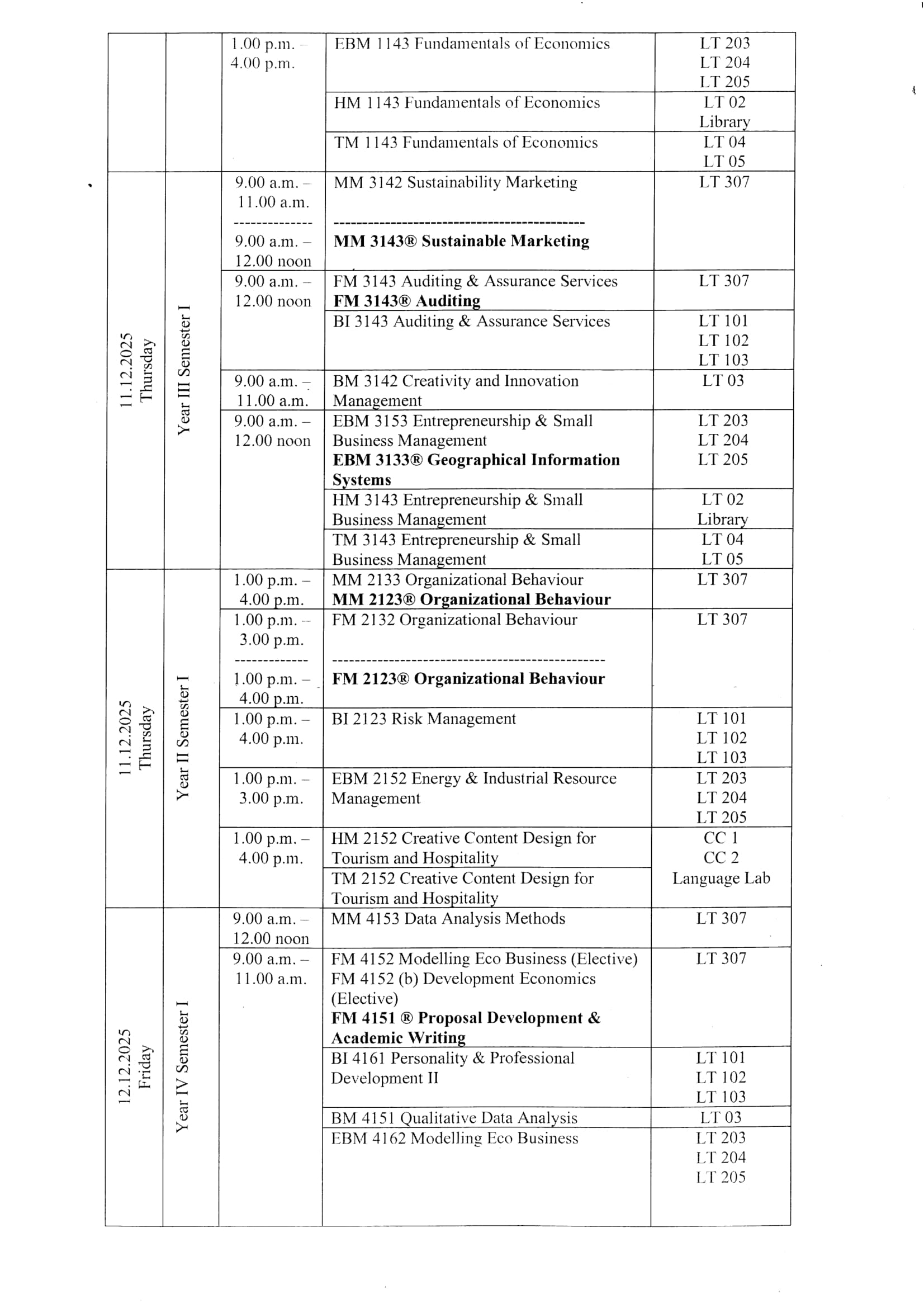Examination Timetable December 2025/January 2026