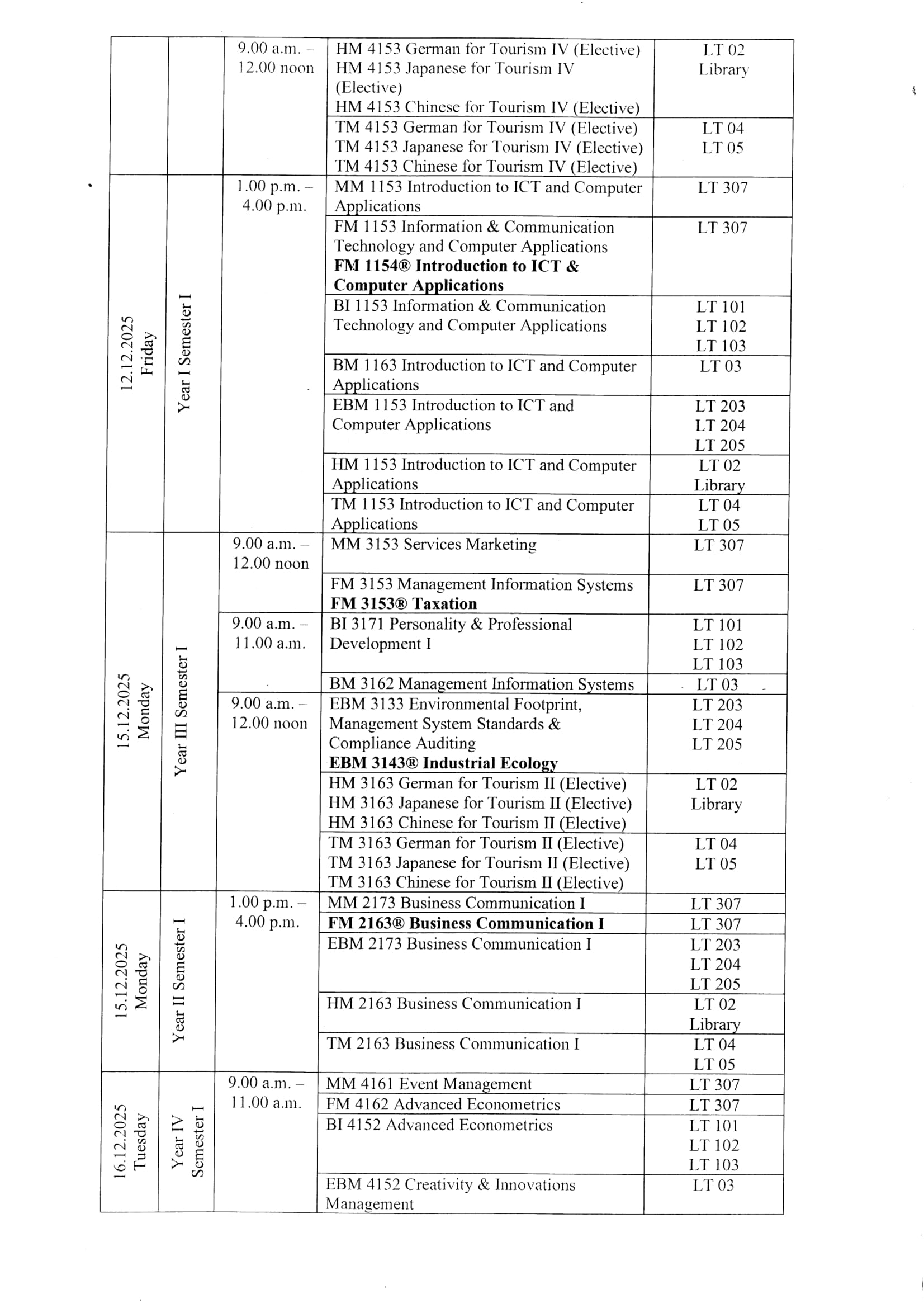Examination Timetable December 2025/January 2026