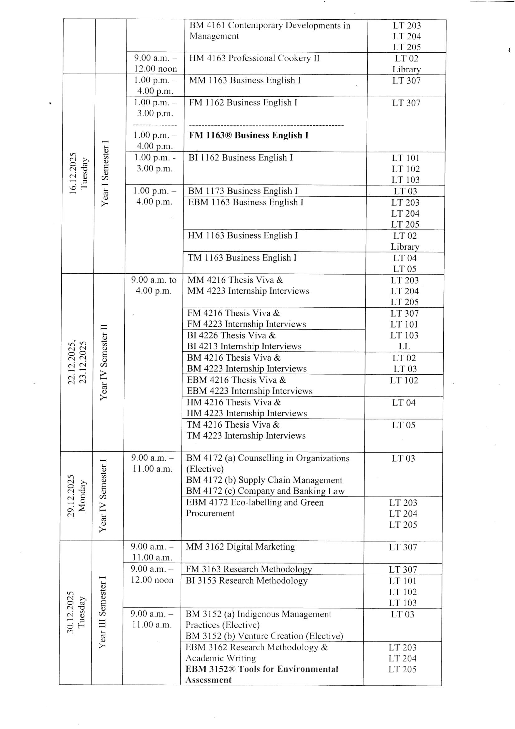 Examination Timetable December 2025/January 2026