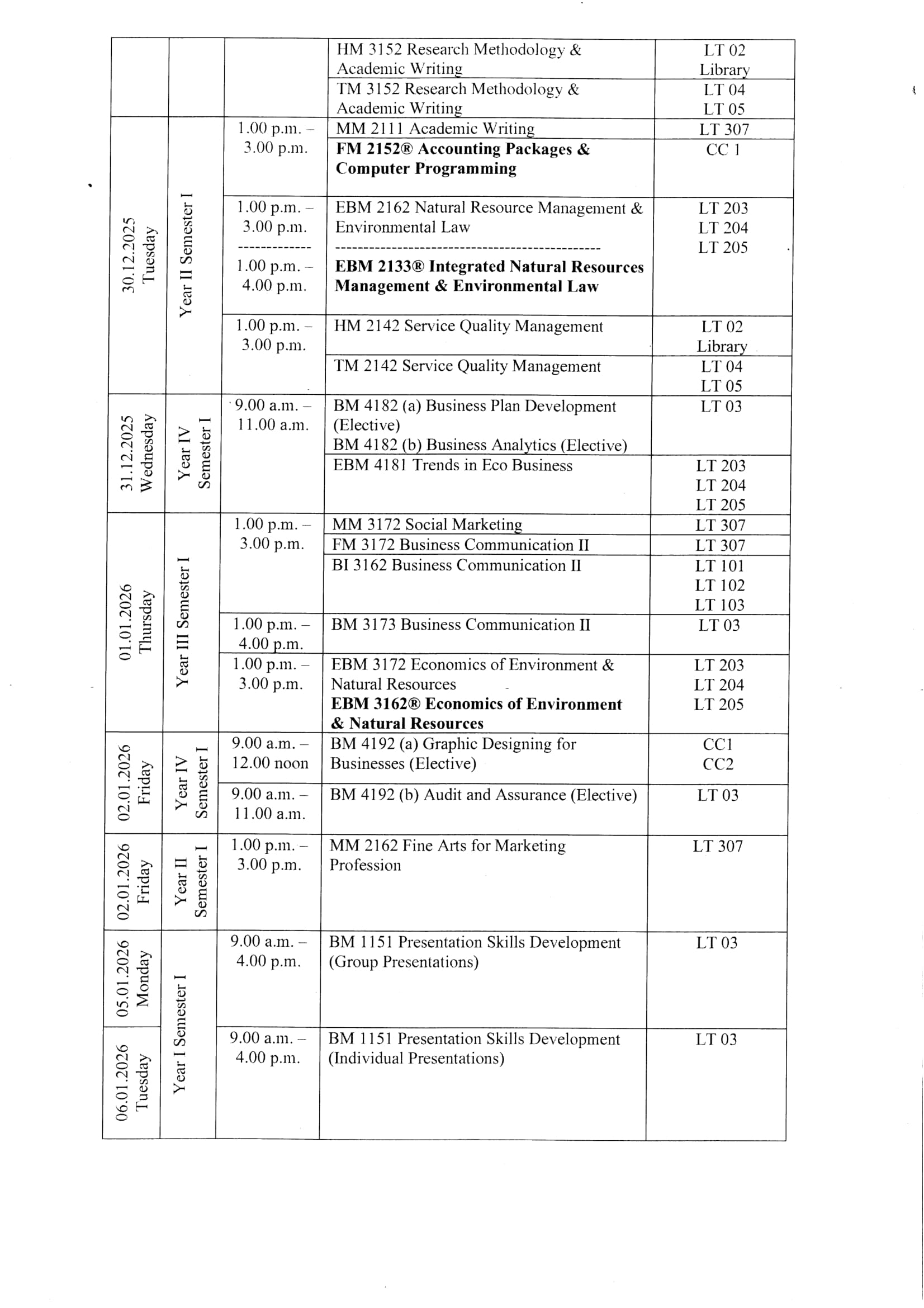 Examination Timetable December 2025/January 2026