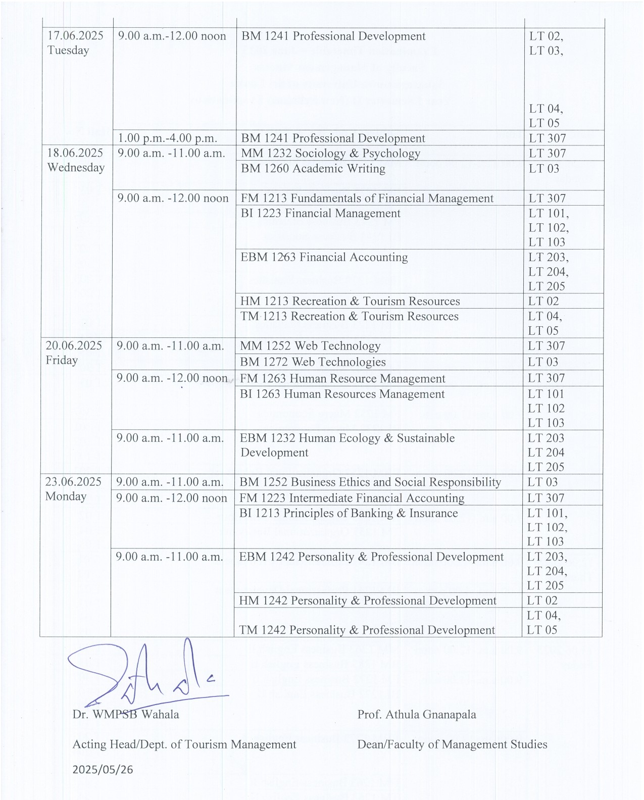  Examination timetable - Year I Semester II