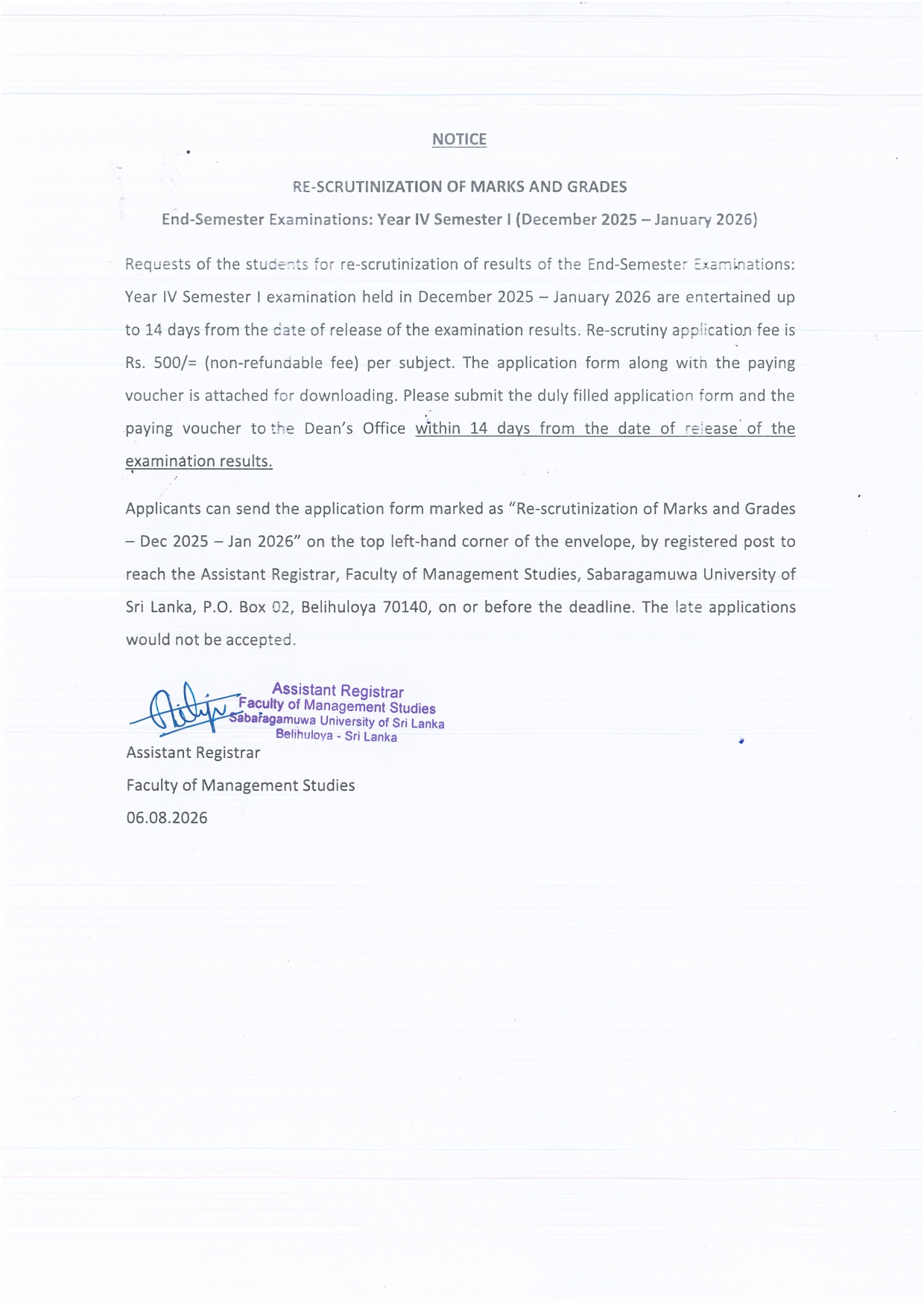 NOTICE :RE-SCRUTINIZATION  OF MARKS AND GRADES