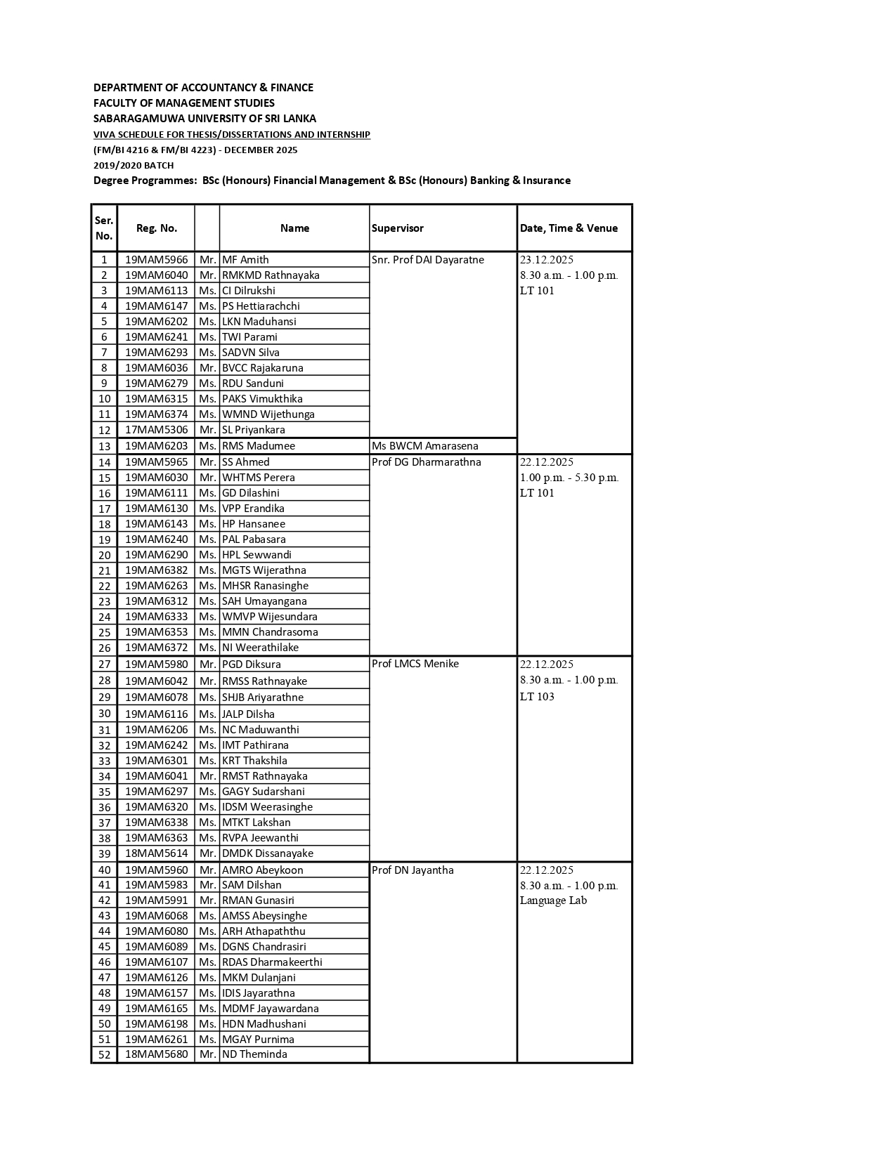 FM & BI (VIVA SCHEDULE FOR 19 MAM BATCH)
