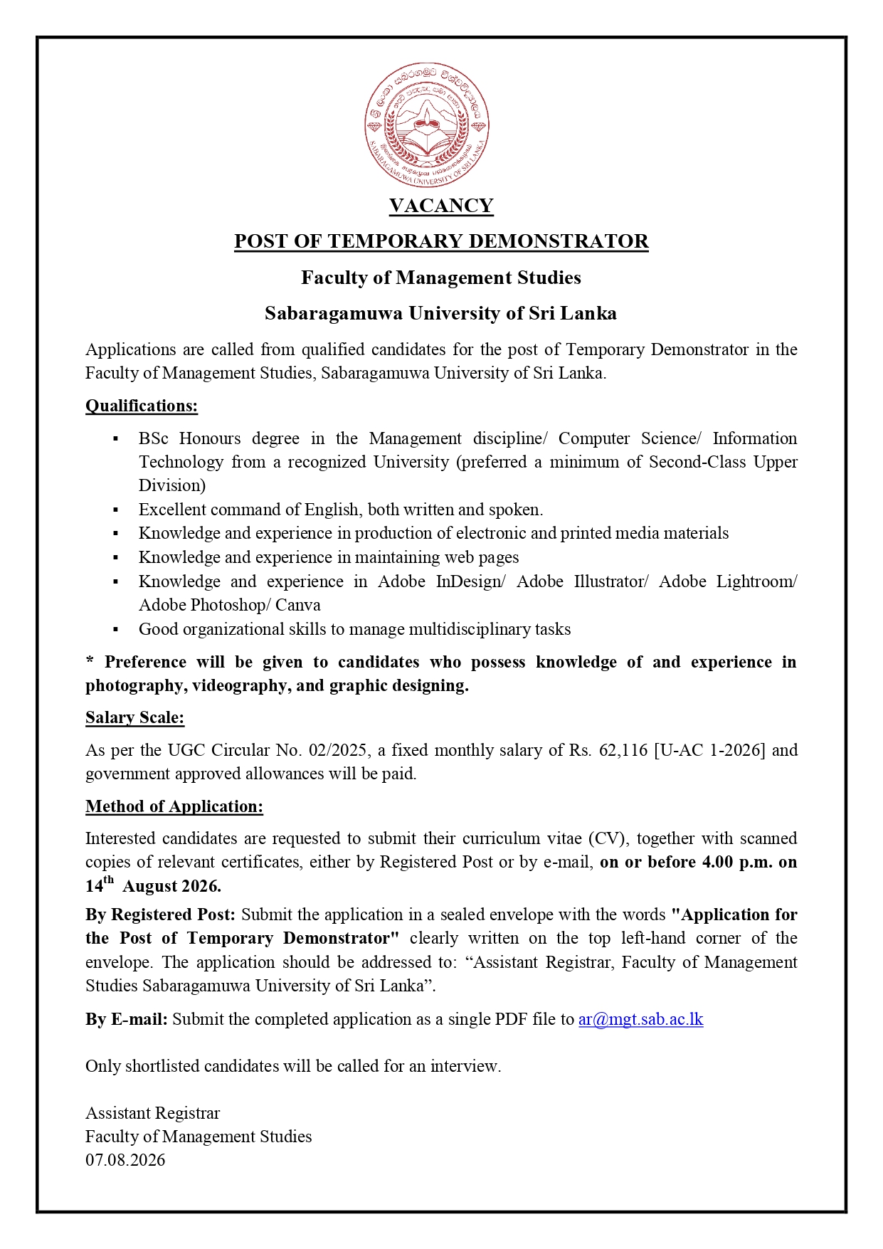 VACANCY POST OF TEMPORARY DEMONSTRATOR