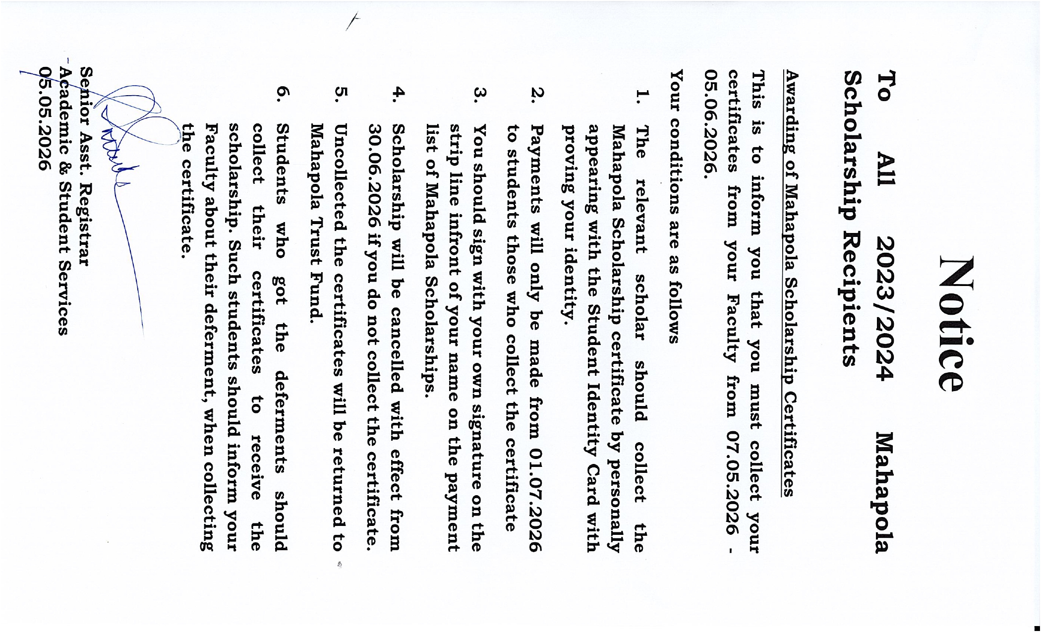 Mahapola certificate 2023/2024