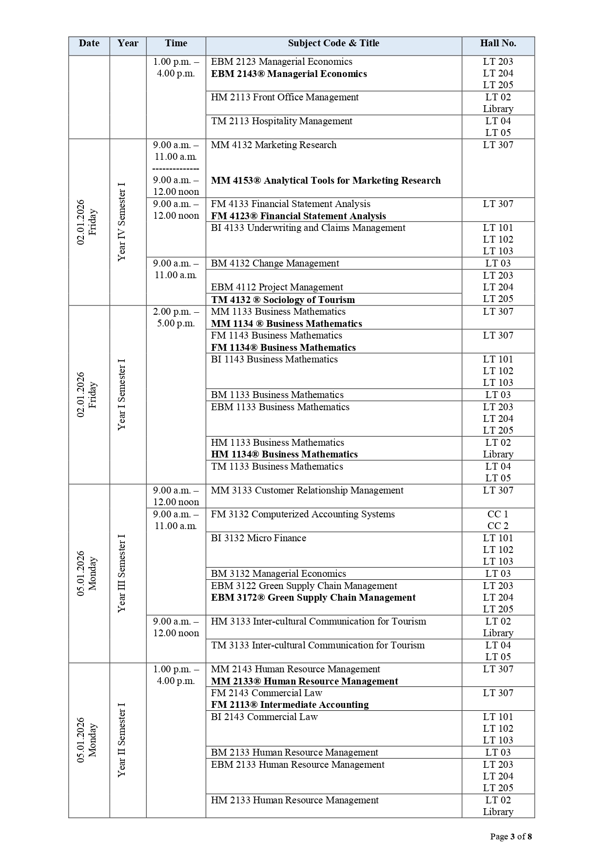 Revised Exam Timetable