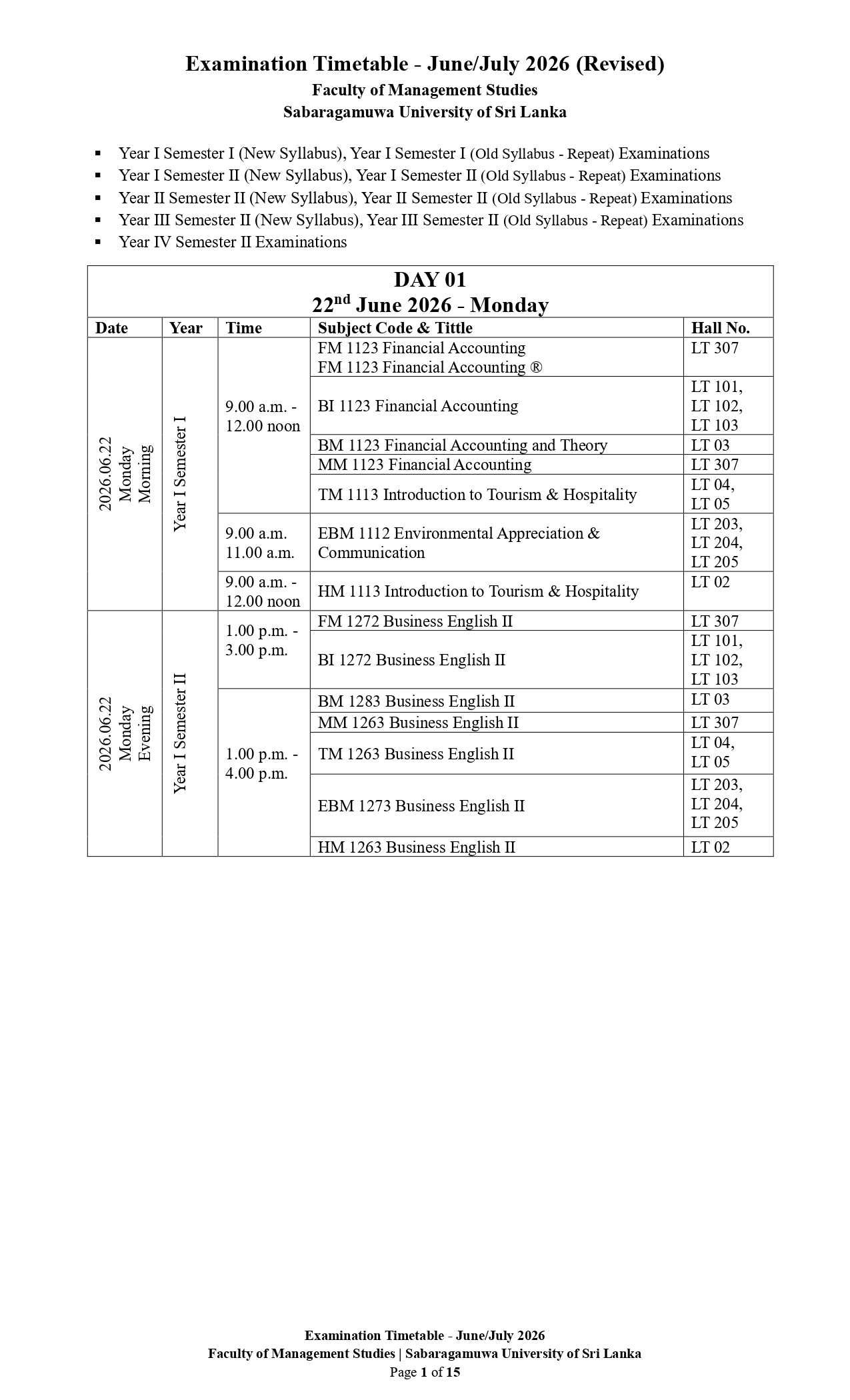 Examination Timetable - June/July 2026