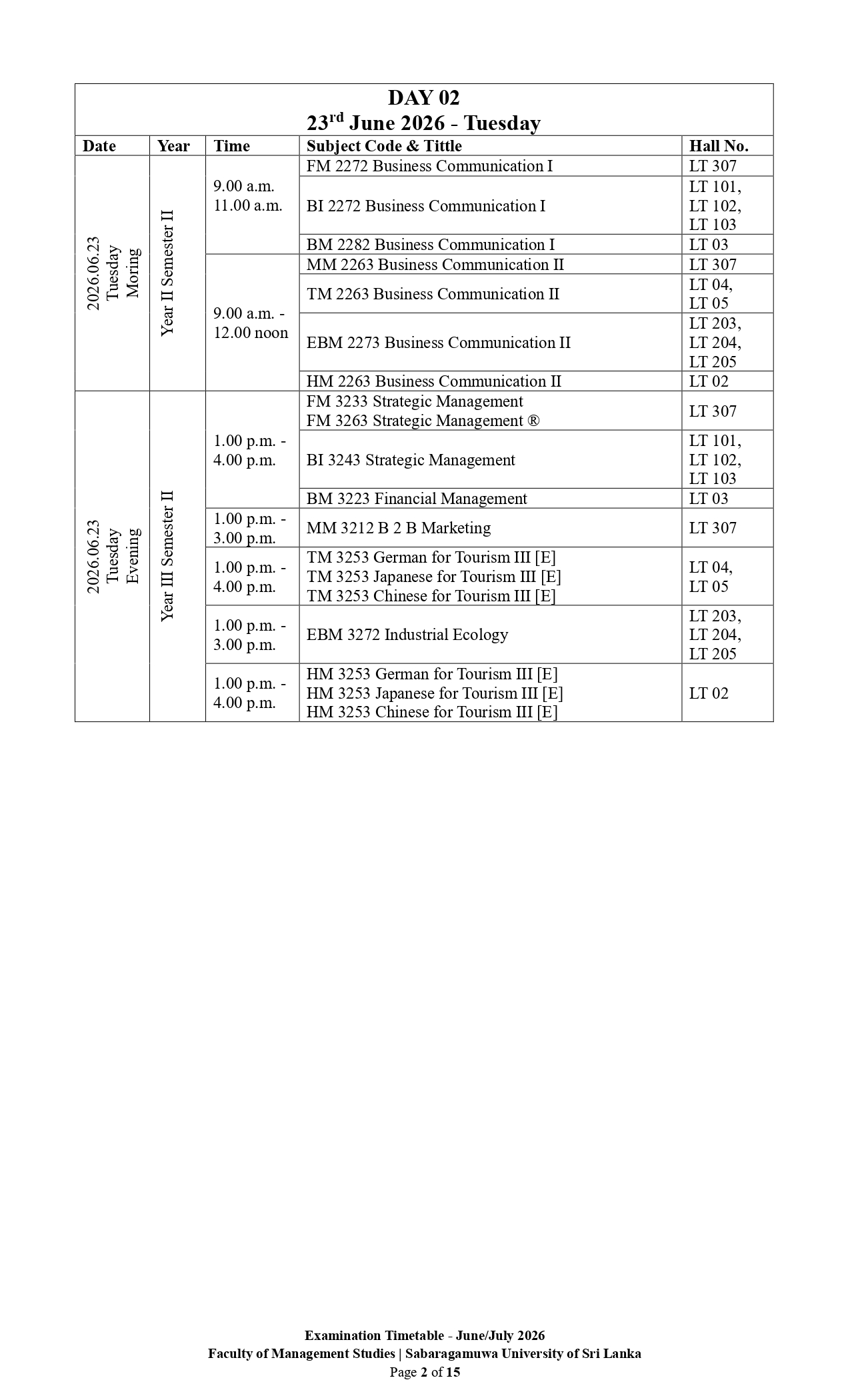 Examination Timetable - June/July 2026