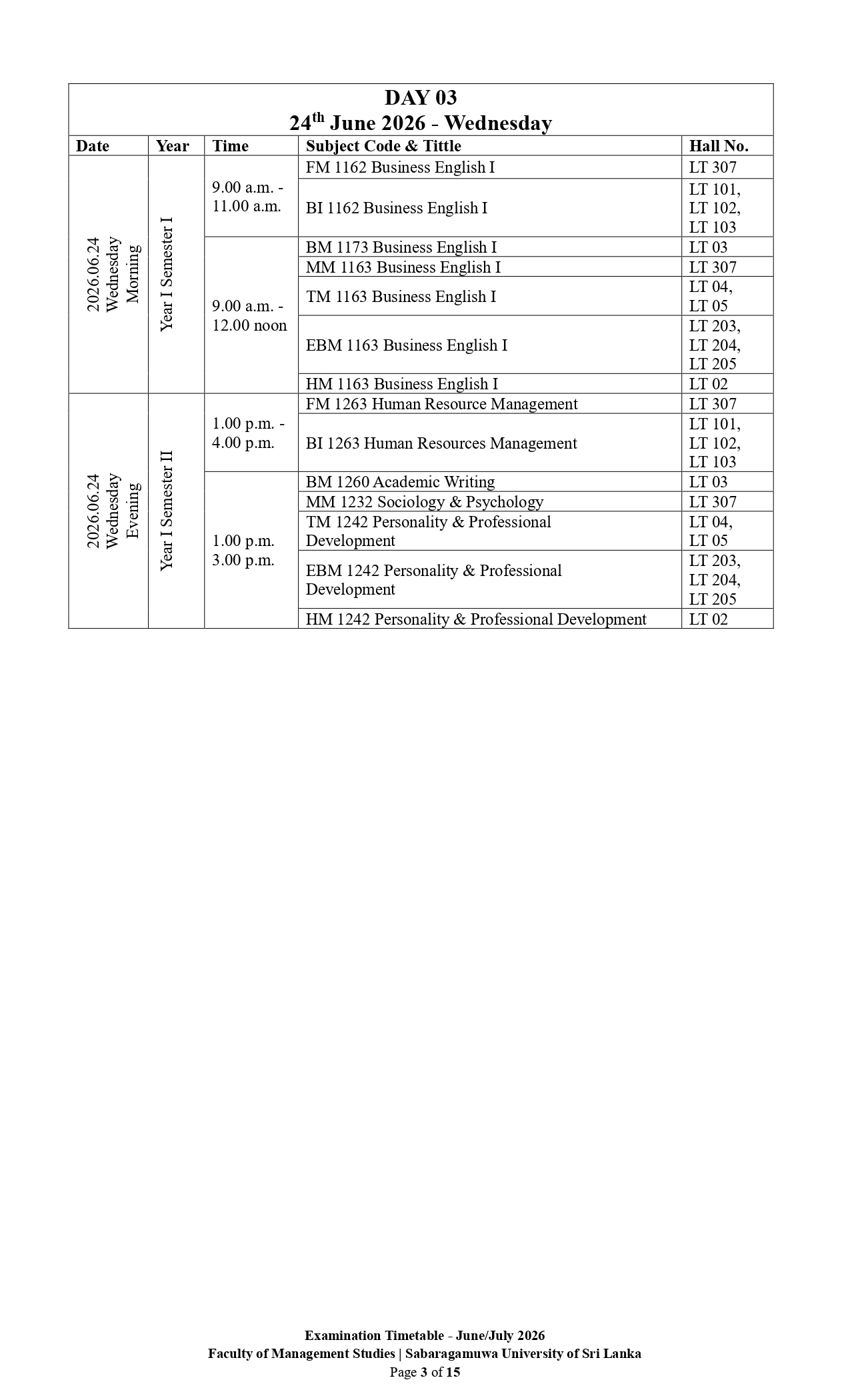 Examination Timetable - June/July 2026