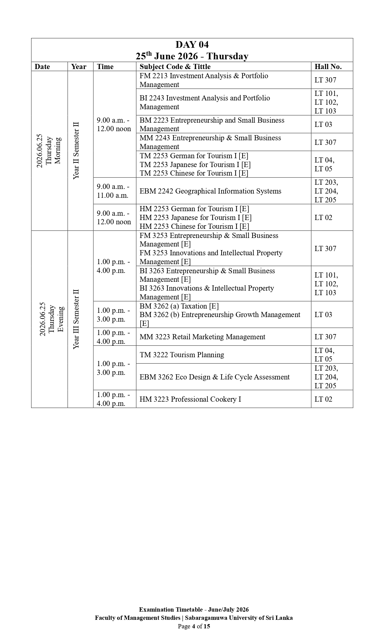 Examination Timetable - June/July 2026