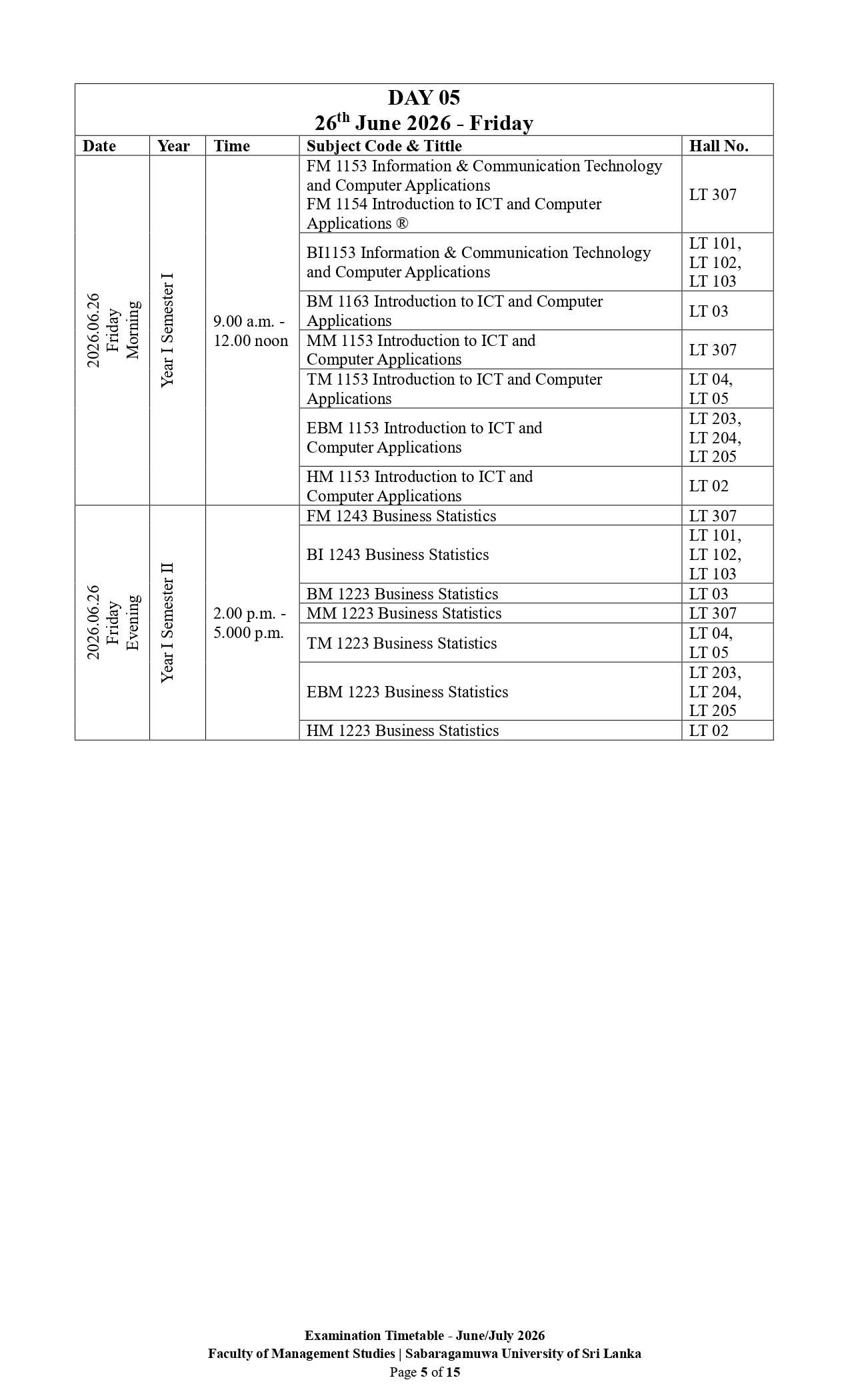 Examination Timetable - June/July 2026