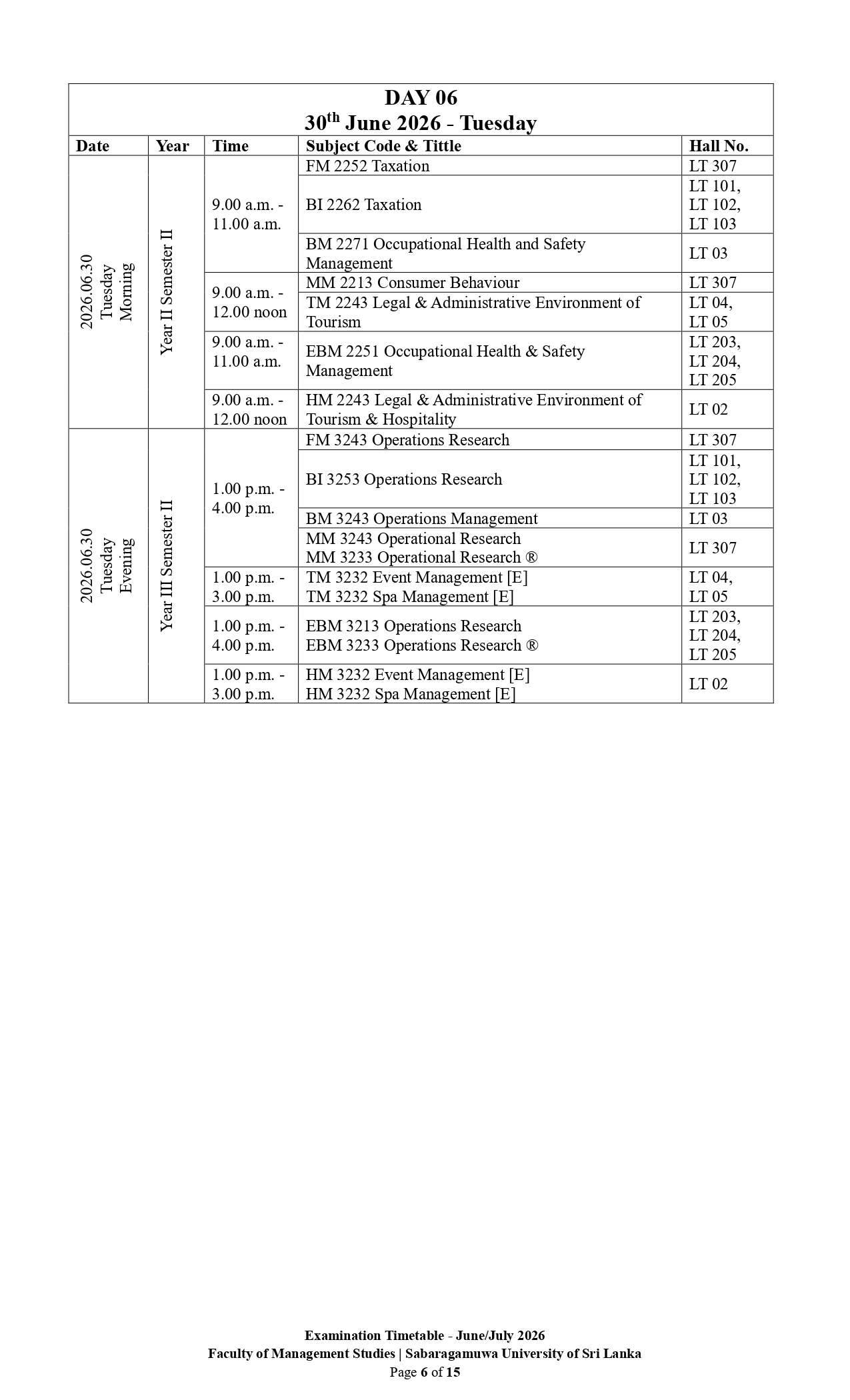 Examination Timetable - June/July 2026