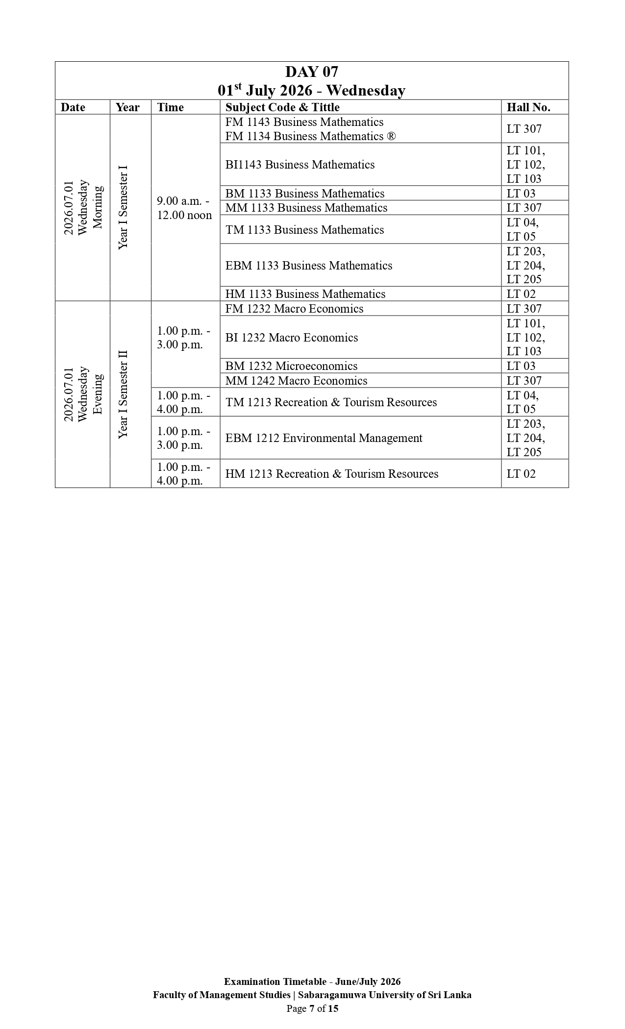 Examination Timetable - June/July 2026