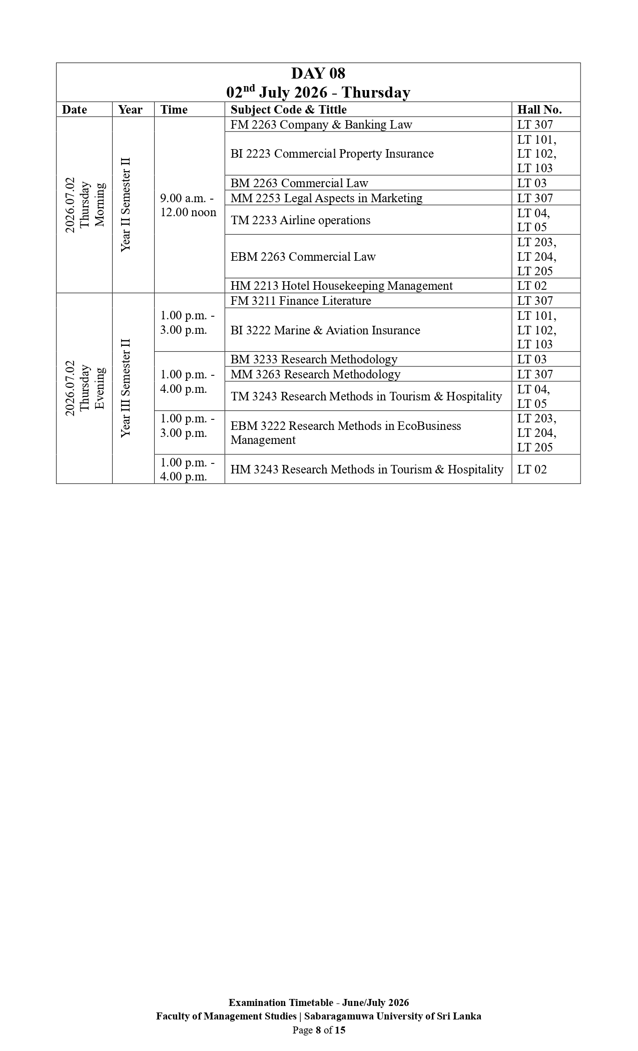 Examination Timetable - June/July 2026