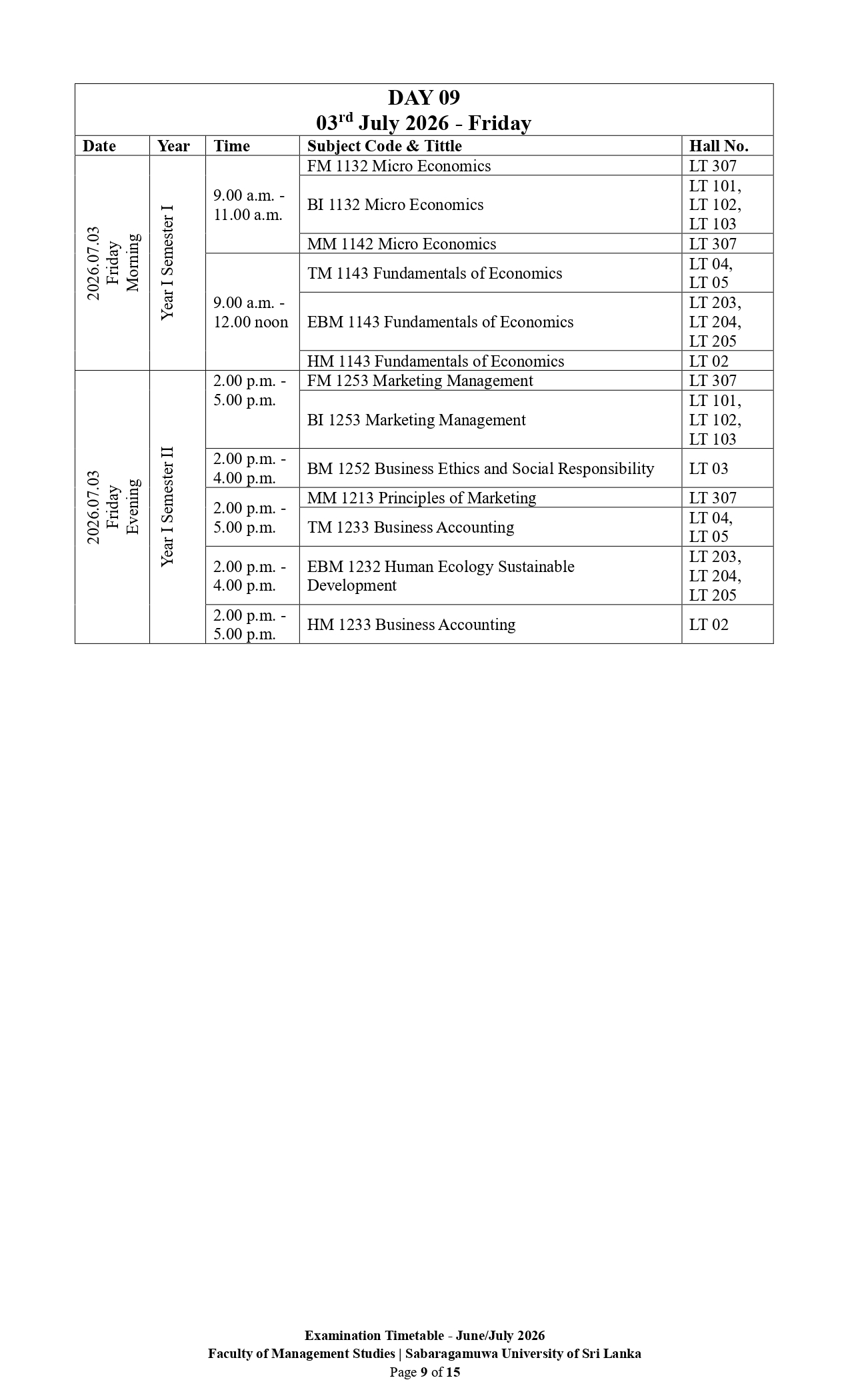 Examination Timetable - June/July 2026