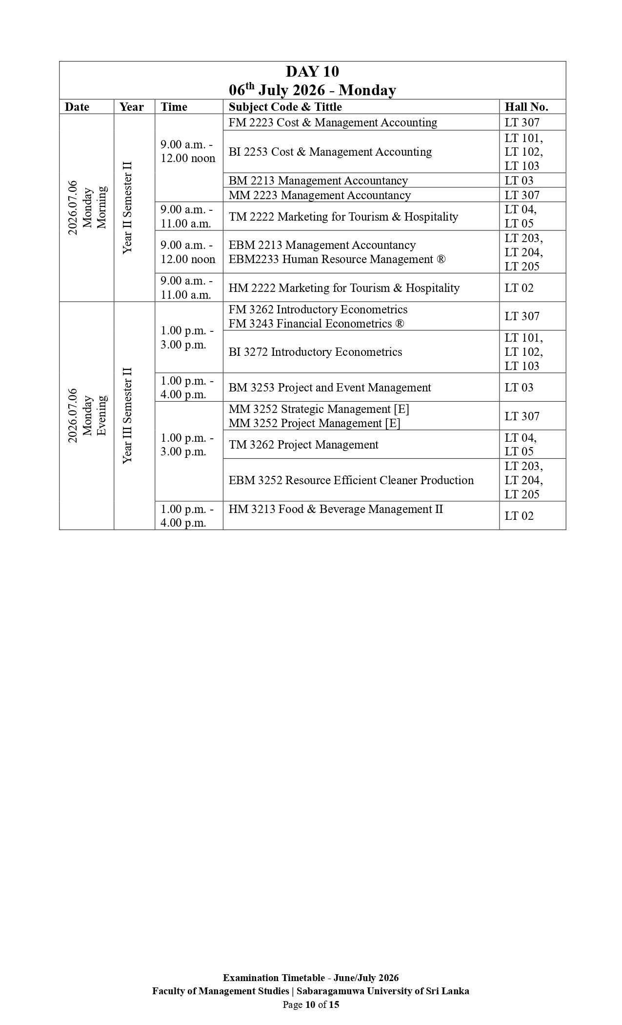 Examination Timetable - June/July 2026