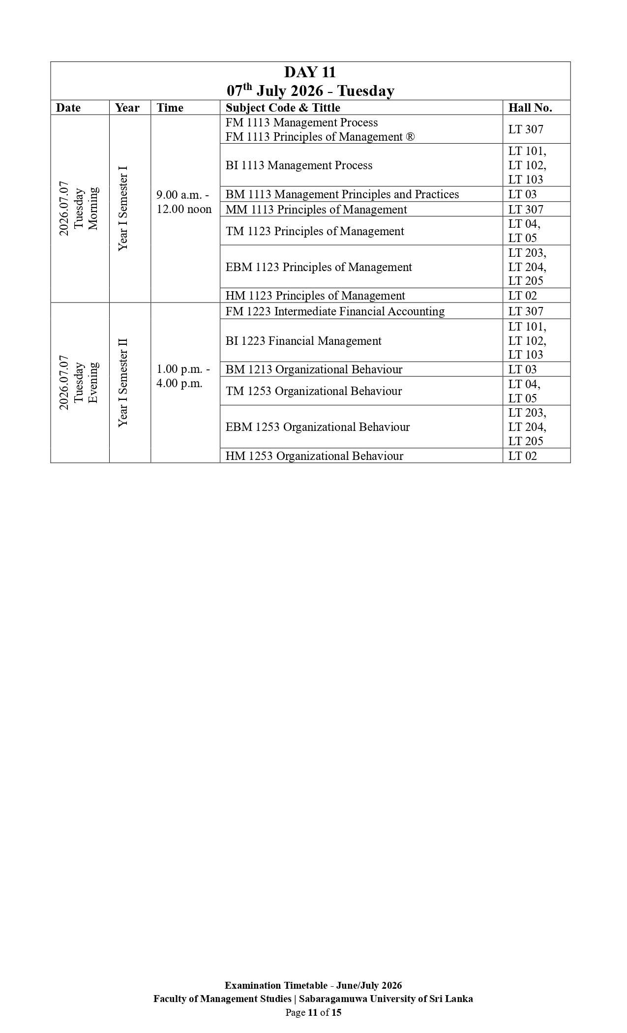 Examination Timetable - June/July 2026