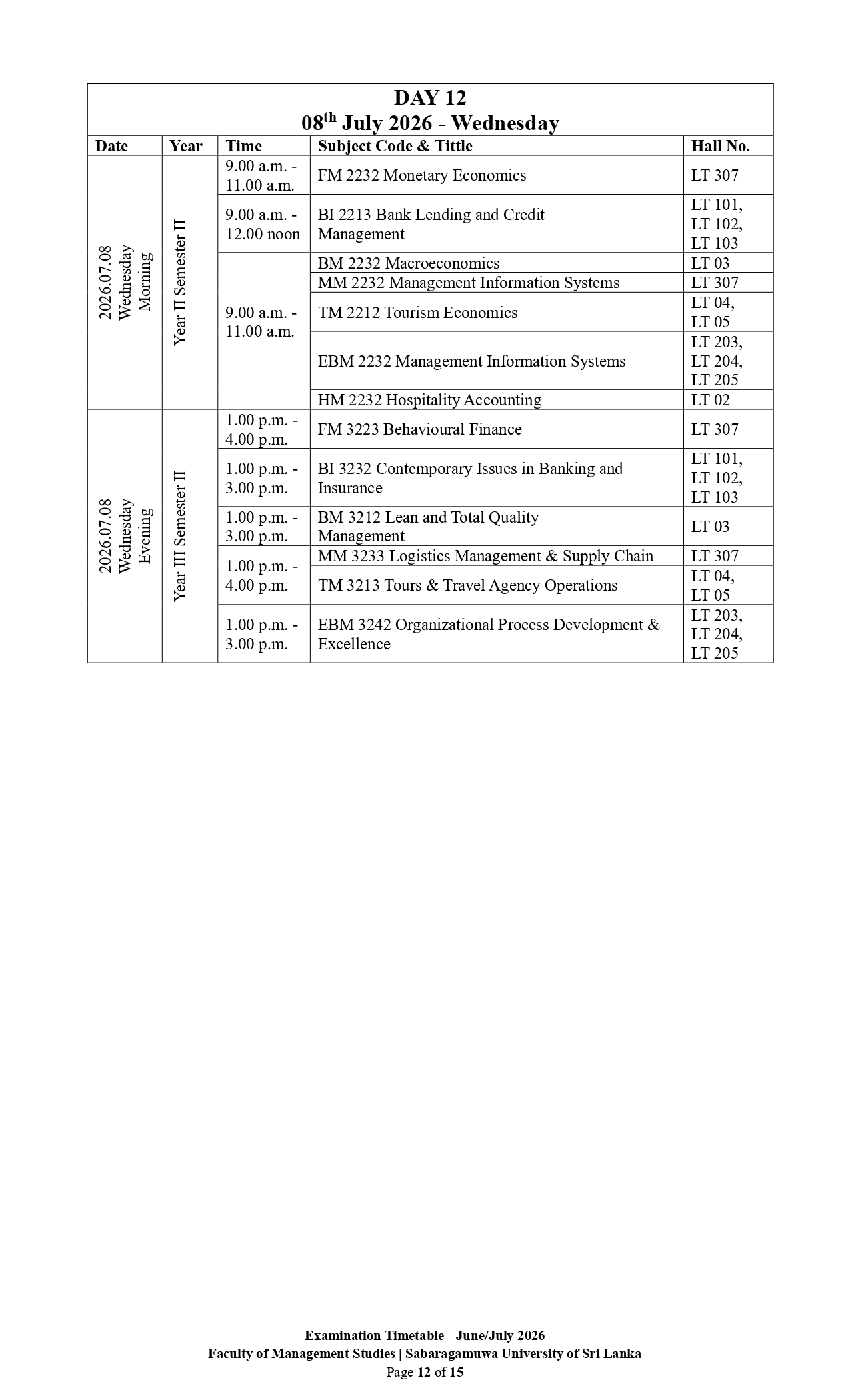 Examination Timetable - June/July 2026