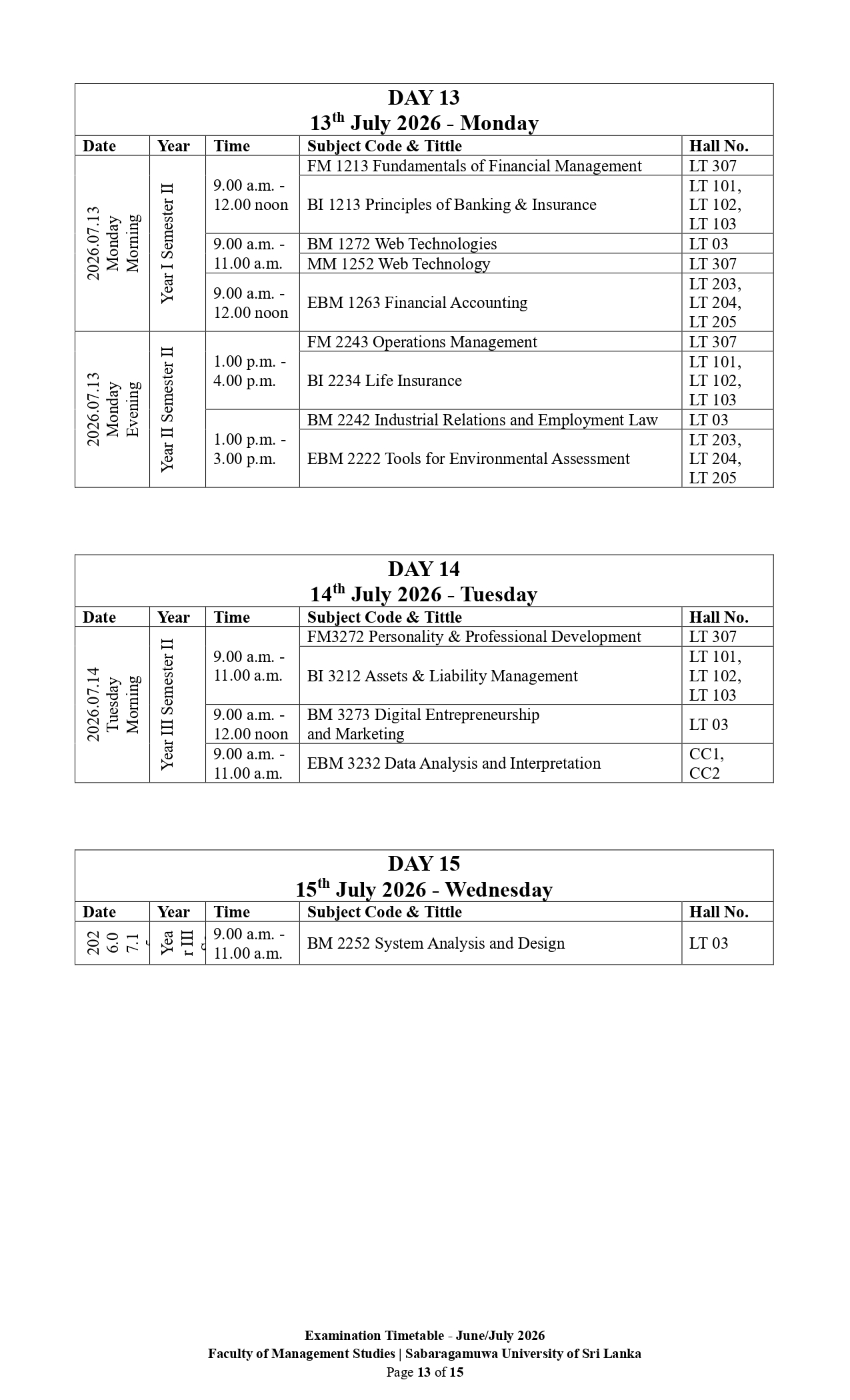 Examination Timetable - June/July 2026