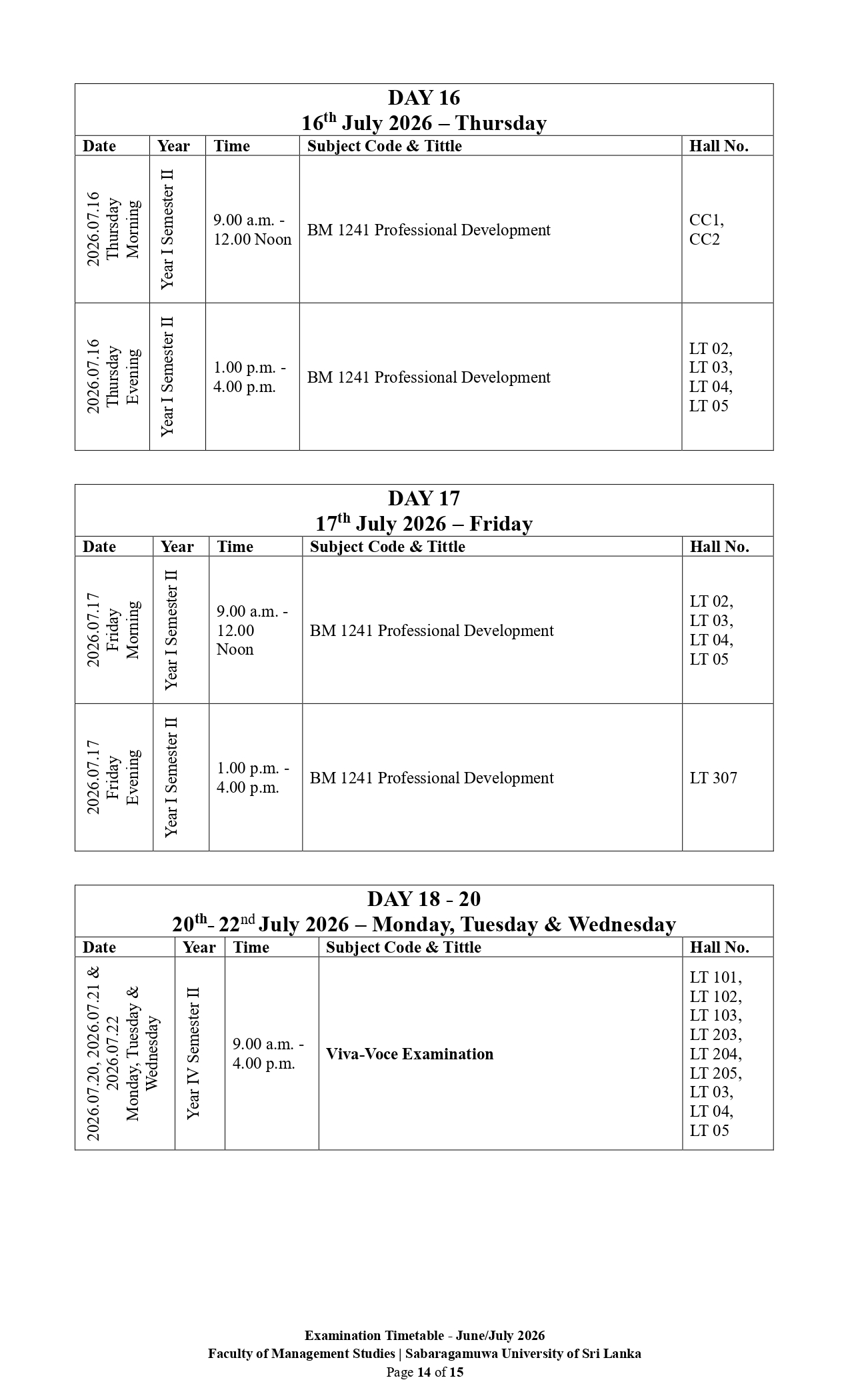 Examination Timetable - June/July 2026