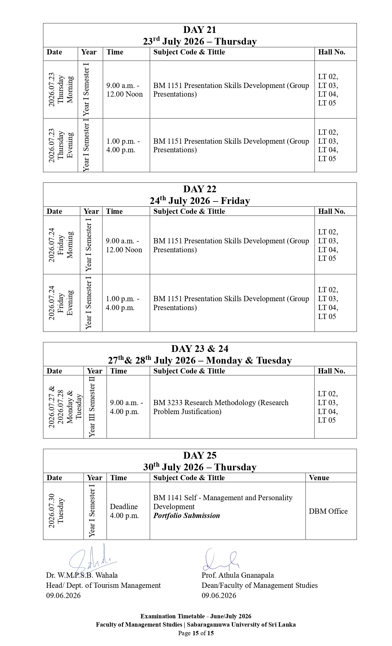 Examination Timetable - June/July 2026
