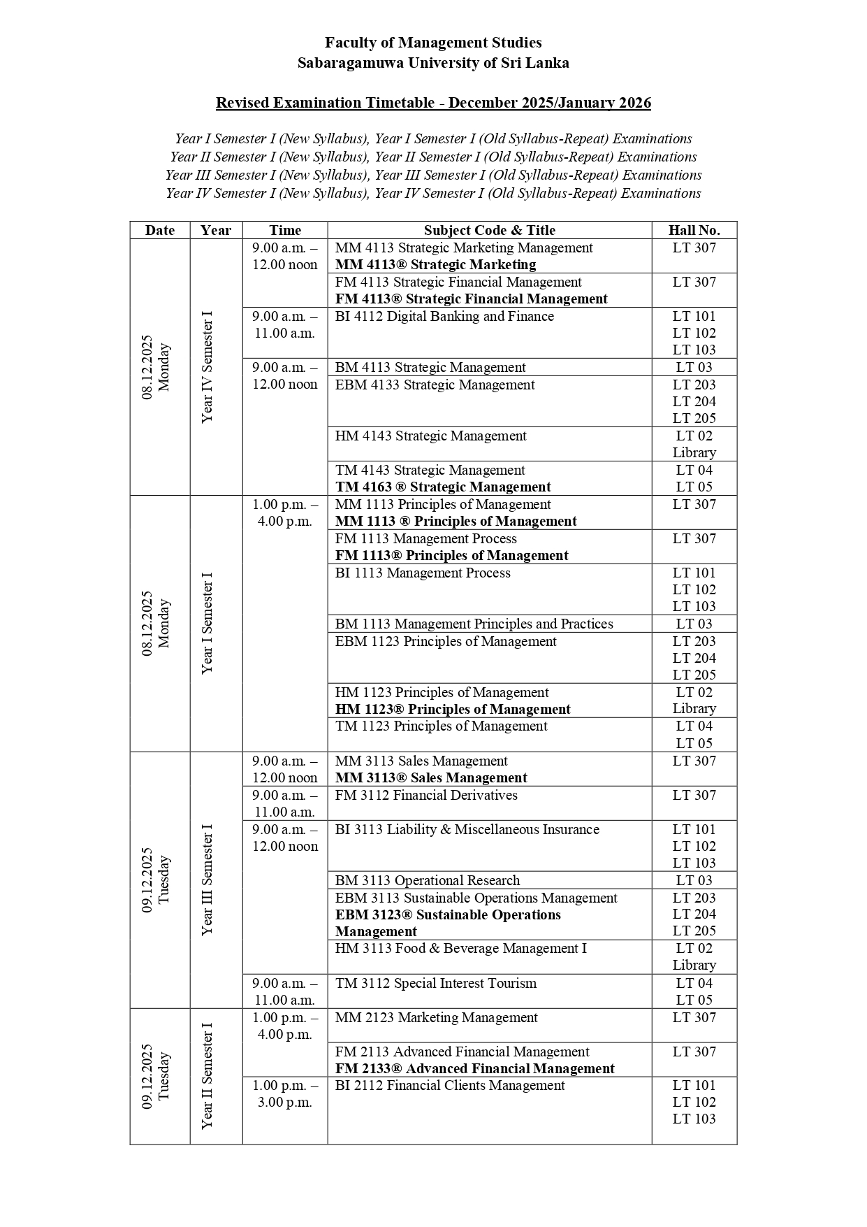 Revised Examination Timetable - December 2025/January 2026