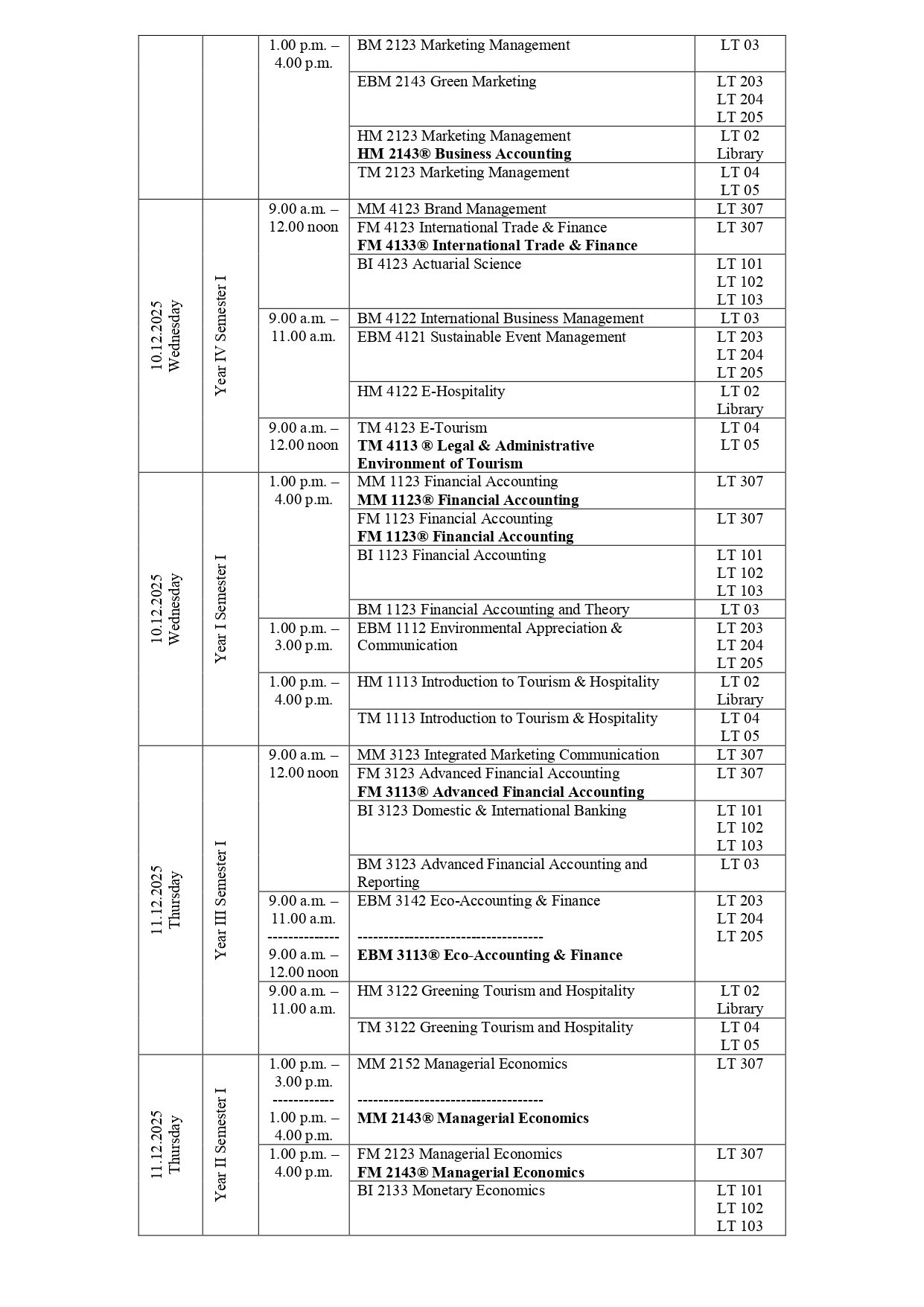 Revised Examination Timetable - December 2025/January 2026