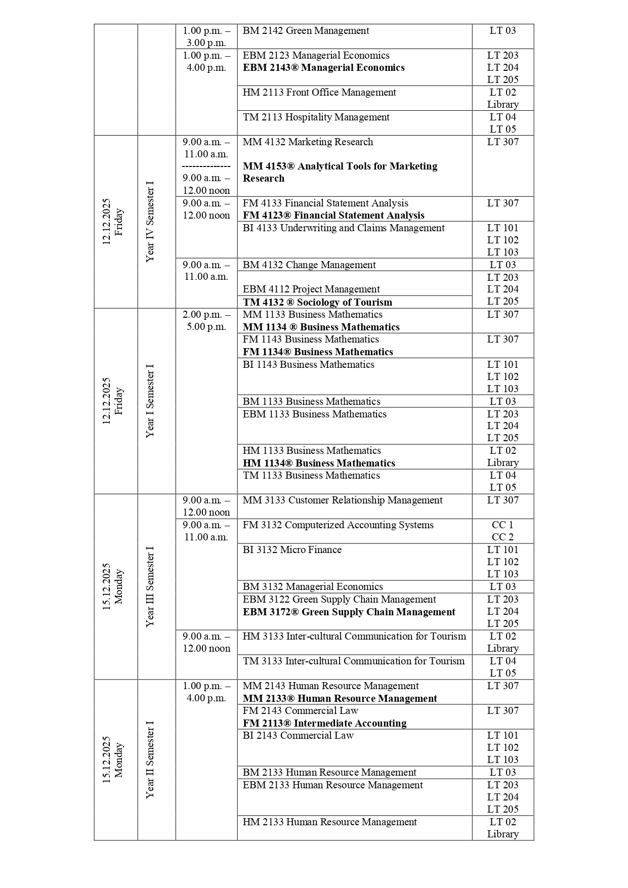 Revised Examination Timetable - December 2025/January 2026