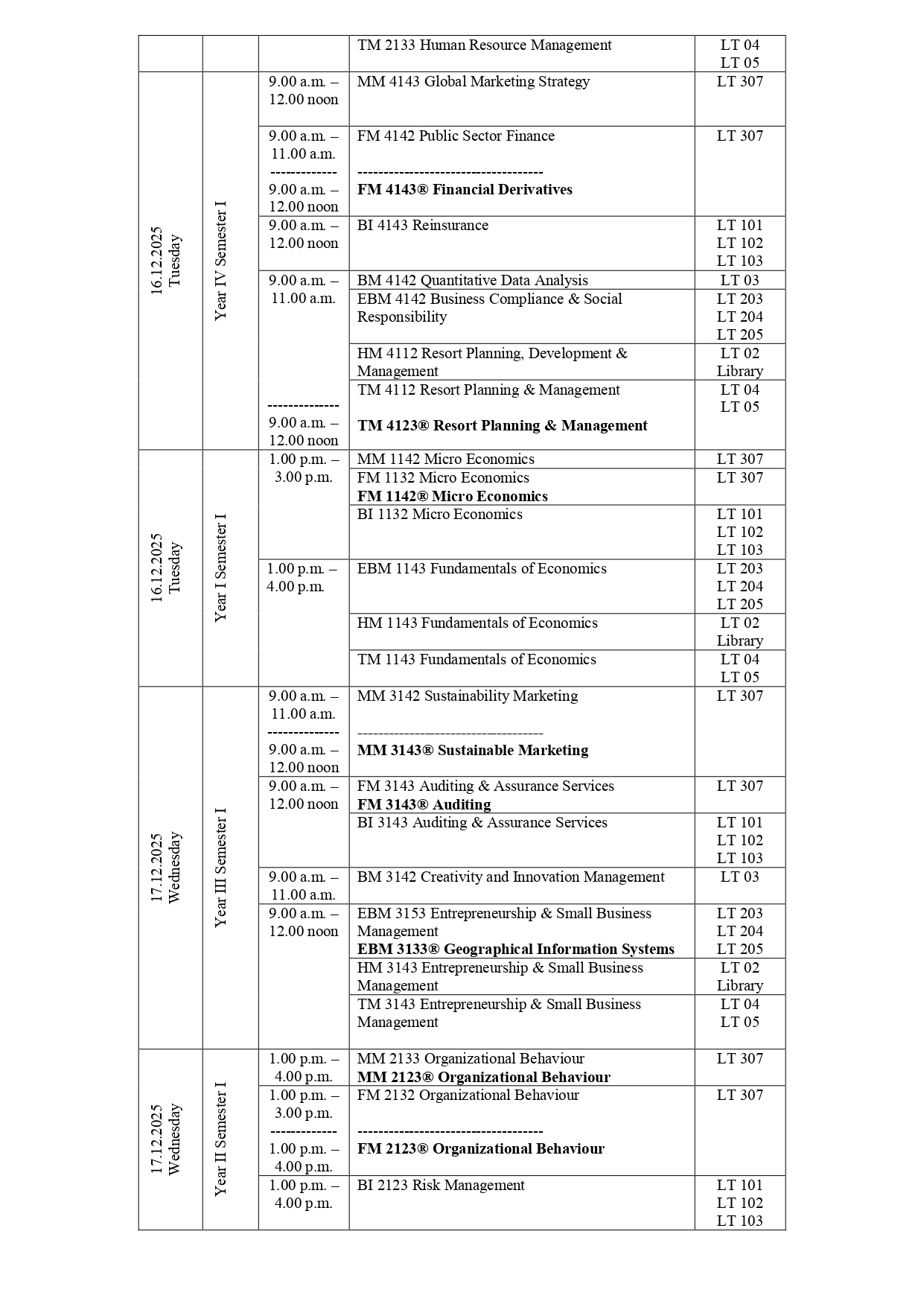 Revised Examination Timetable - December 2025/January 2026