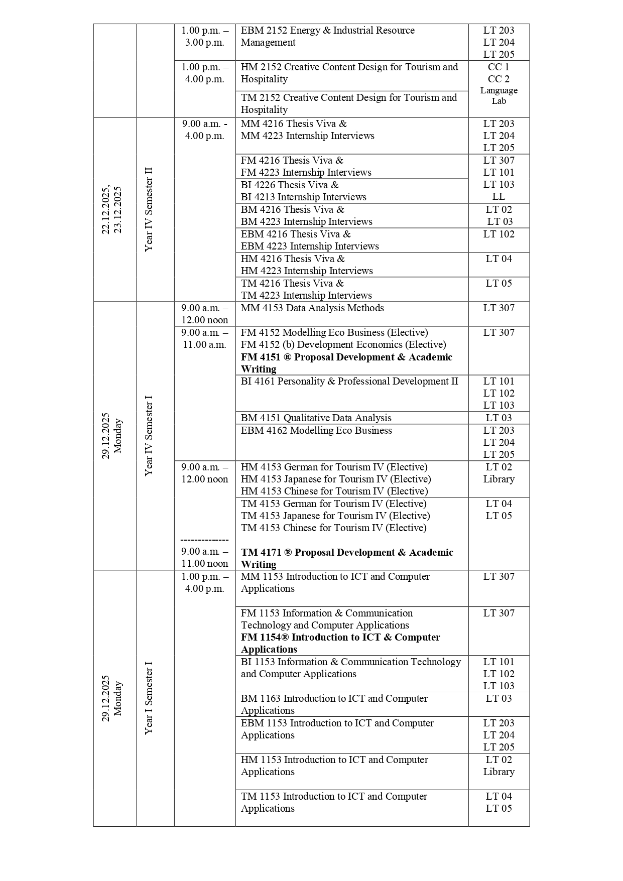 Revised Examination Timetable - December 2025/January 2026