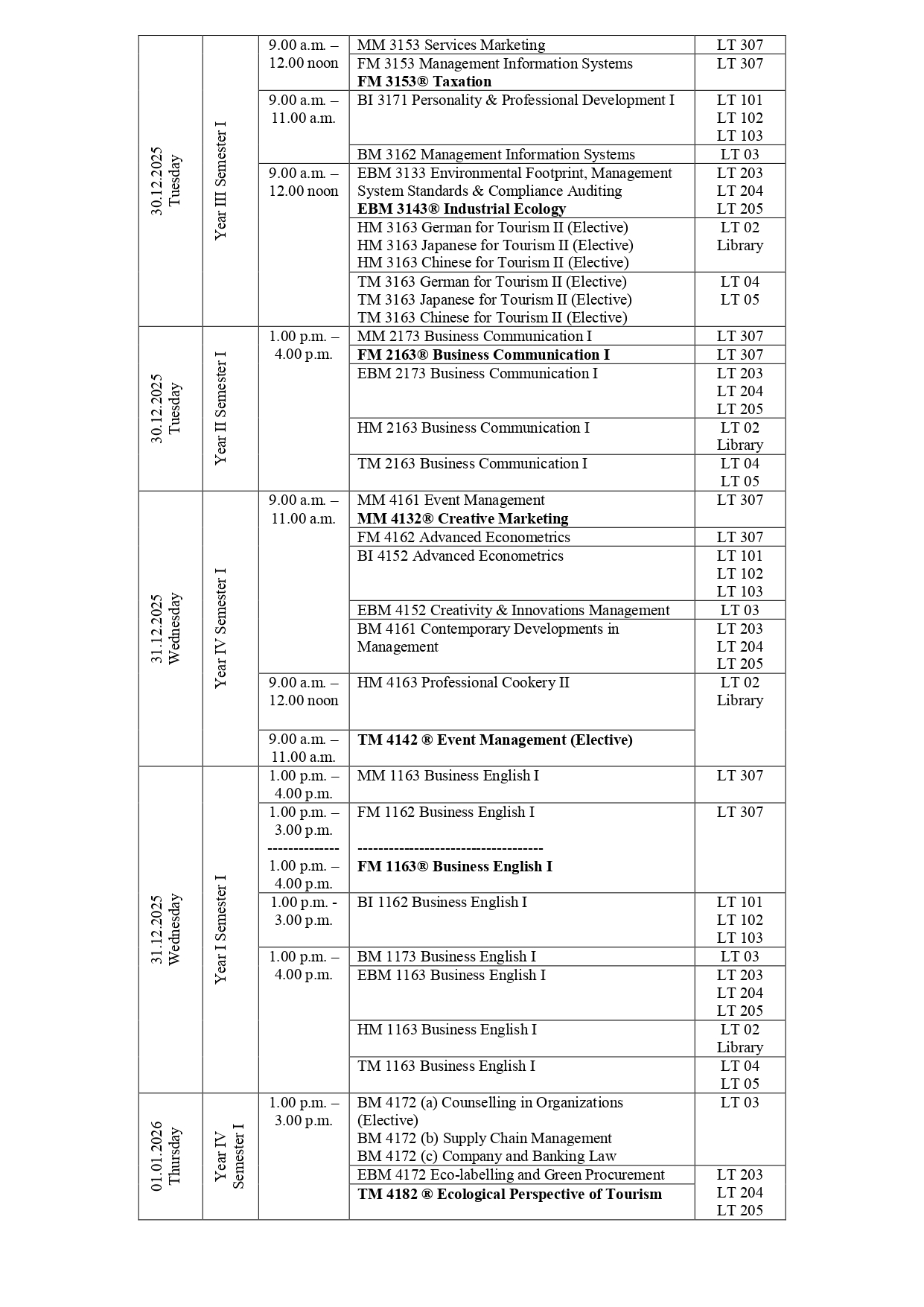 Revised Examination Timetable - December 2025/January 2026