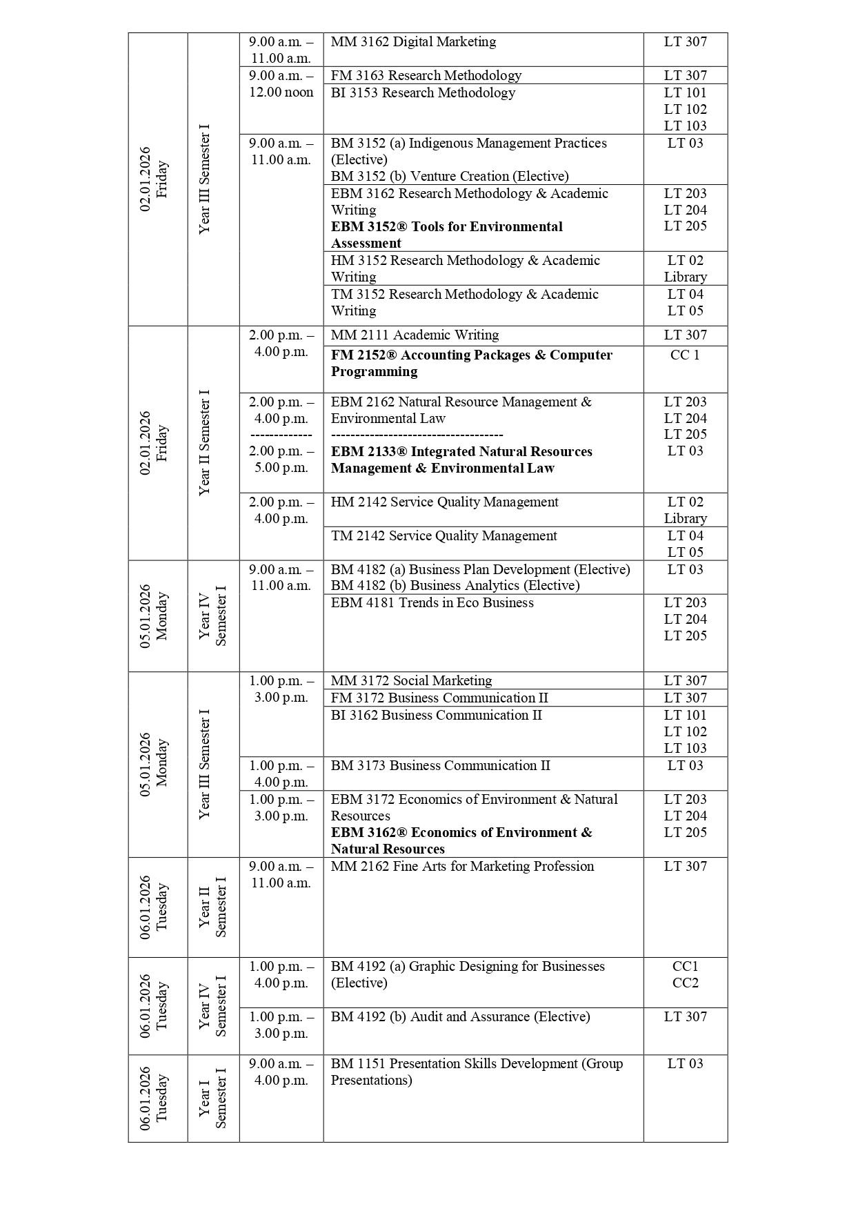 Revised Examination Timetable - December 2025/January 2026