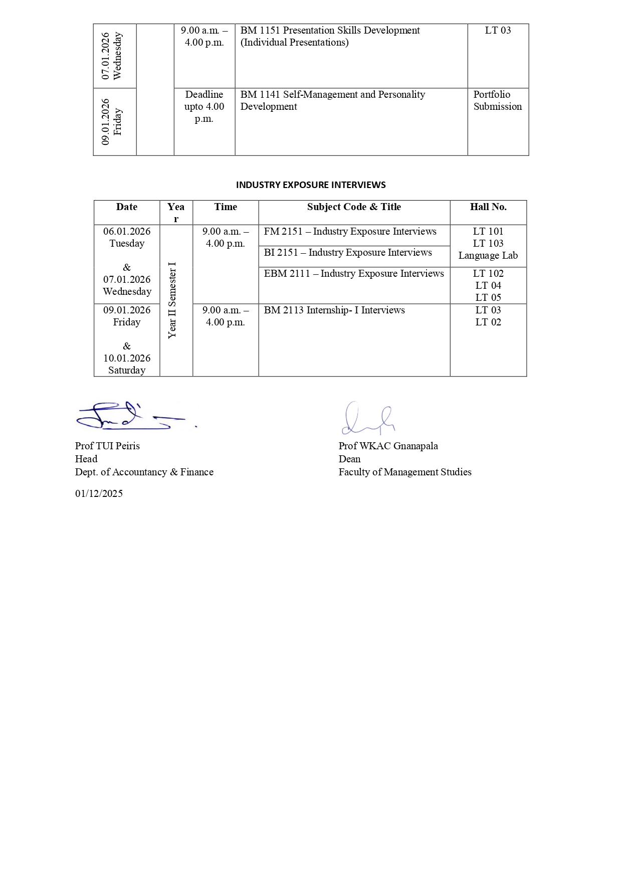 Revised Examination Timetable - December 2025/January 2026