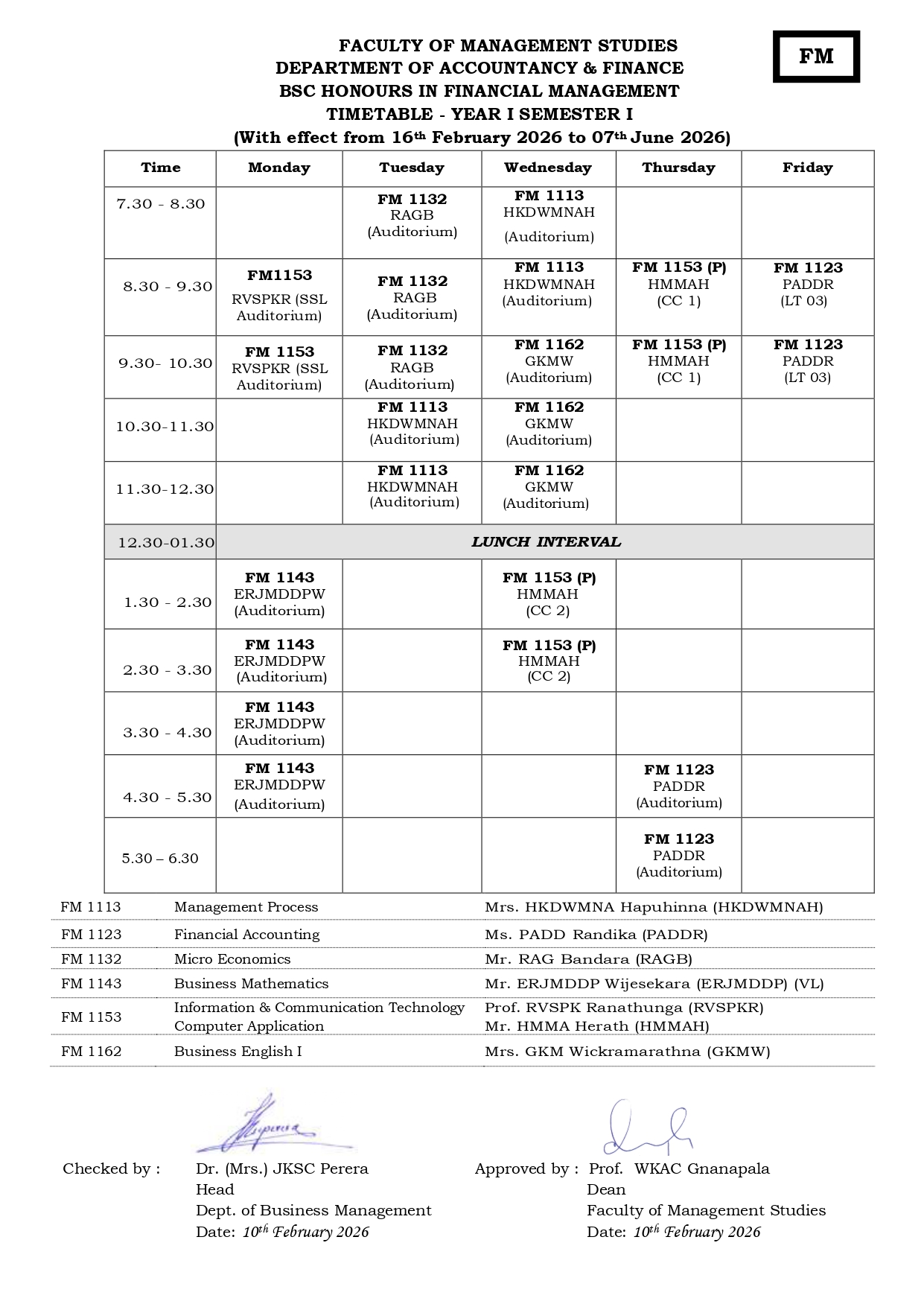 Semester Timetables
