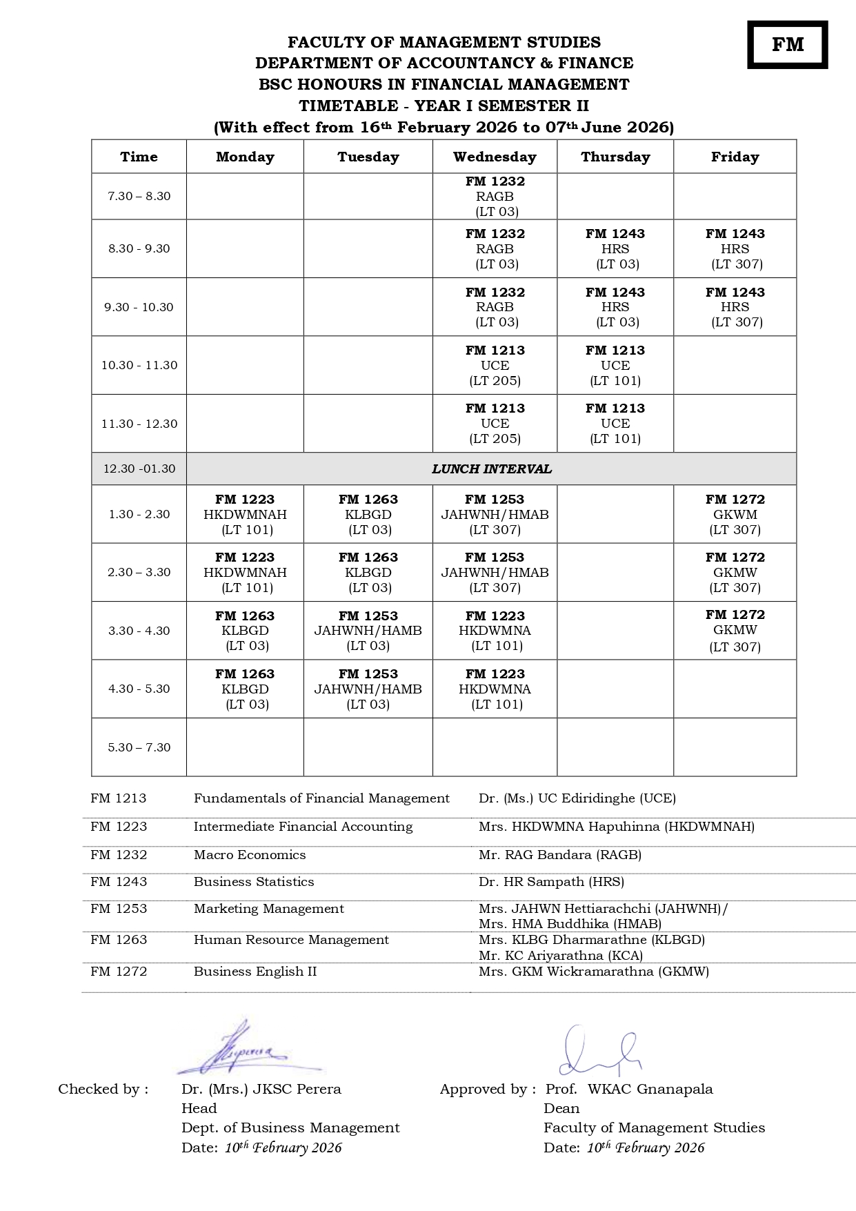 Semester Timetables