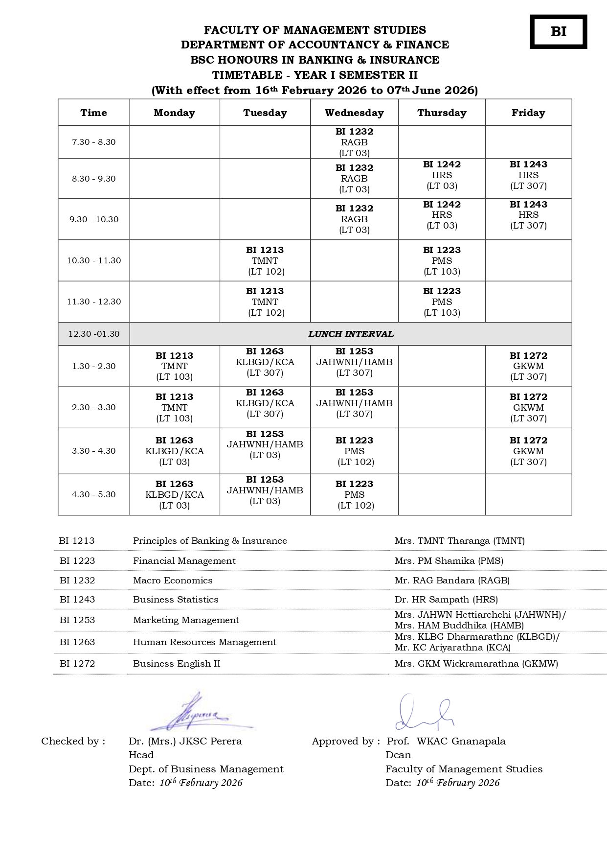 Semester Timetables