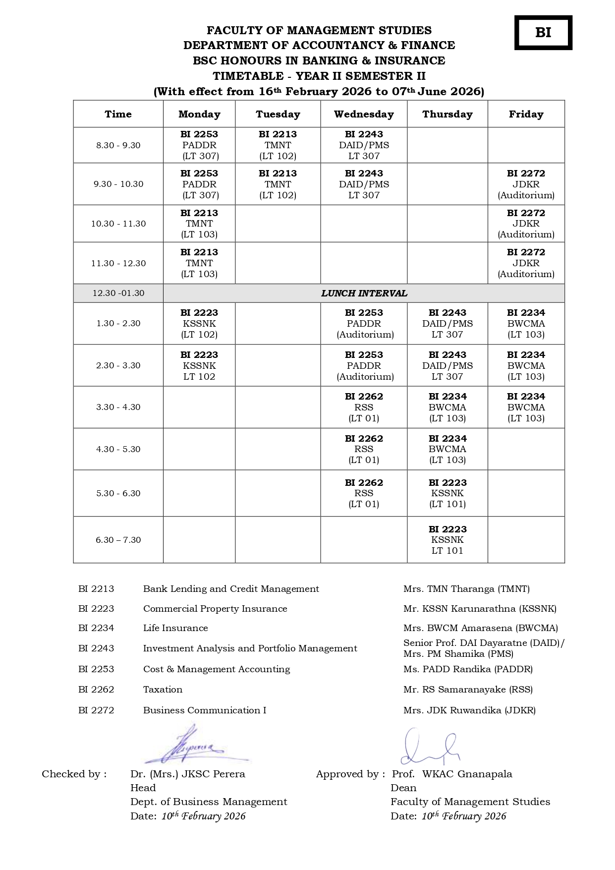 Semester Timetables